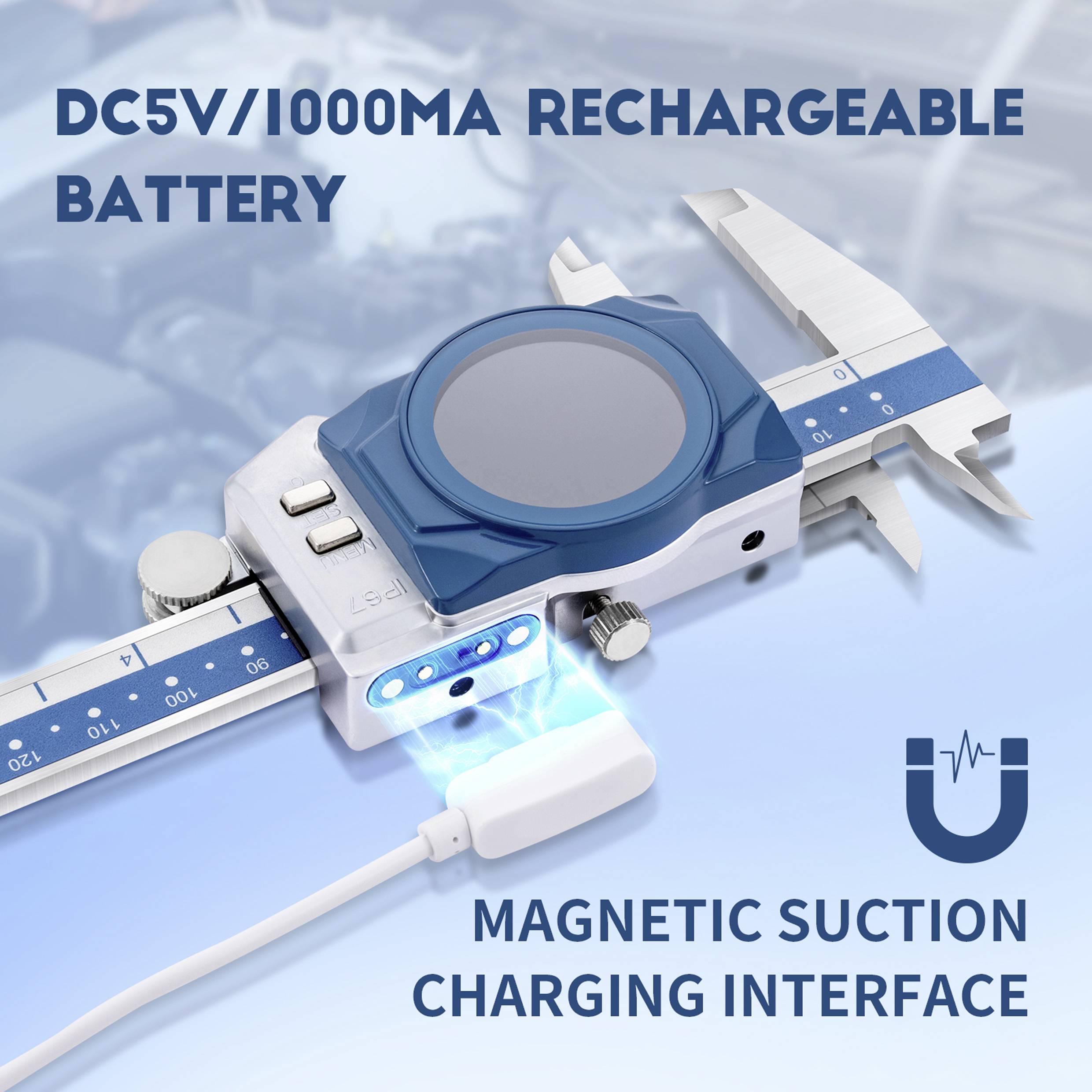 'Wiederaufladbare Batterie mit DC5V/1000MA' Text über einem wiederaufladbaren Gerät mit magnetisch anschließendem Ladekabel. Hintergrund zeigt Motor.