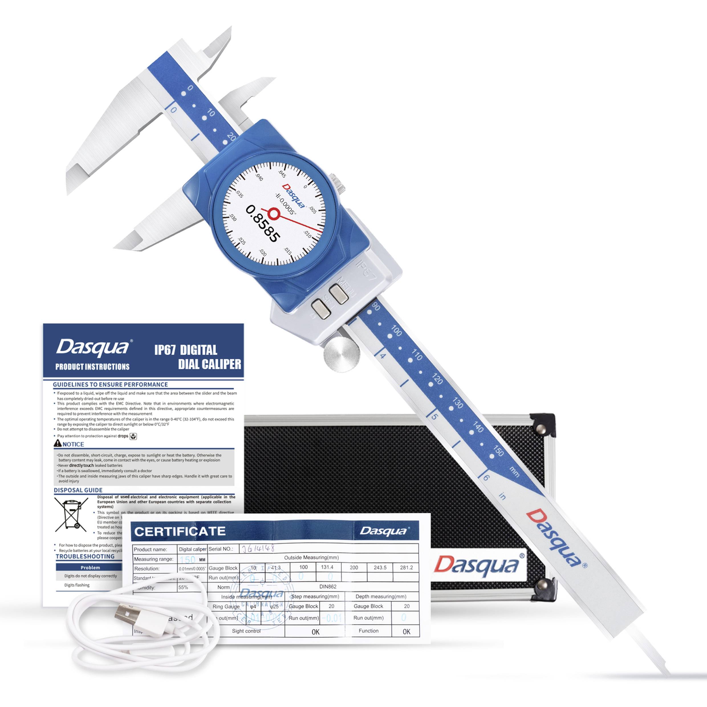 Dasqua IP67 digitale Messschieber-Set mit blau-weißem Messschieber, Schutzkoffer, Zertifikat, Bedienungsanleitung und USB-Ladekabel.