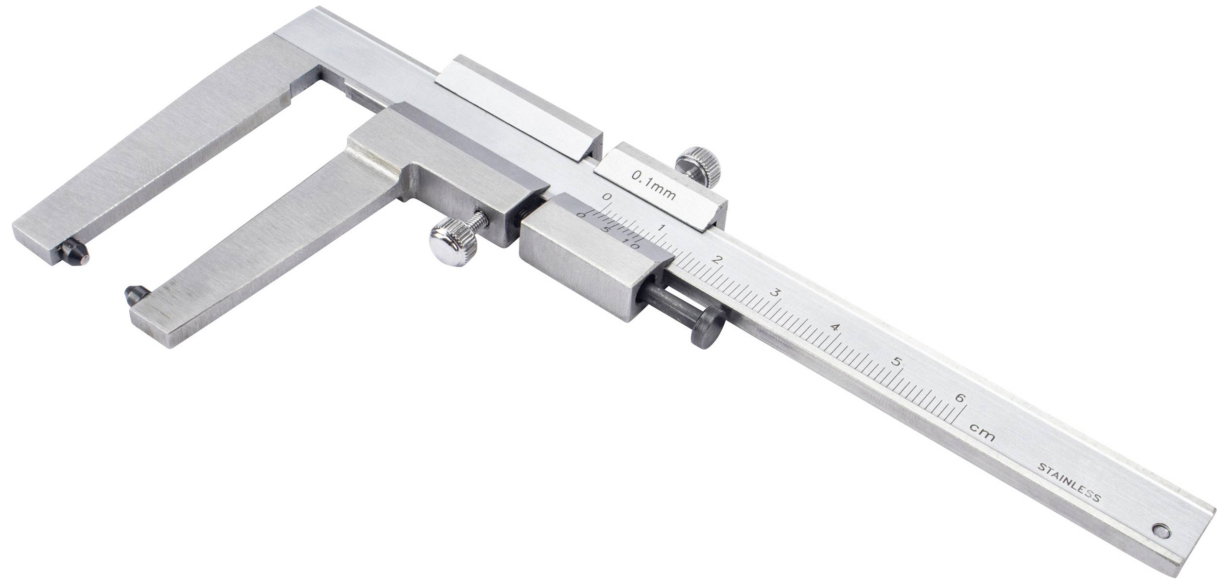 Ein Messschieber aus Metall mit Skala, zeigt Messungen in Millimetern. Werkzeug zur präzisen Längenmessung in der Technik.