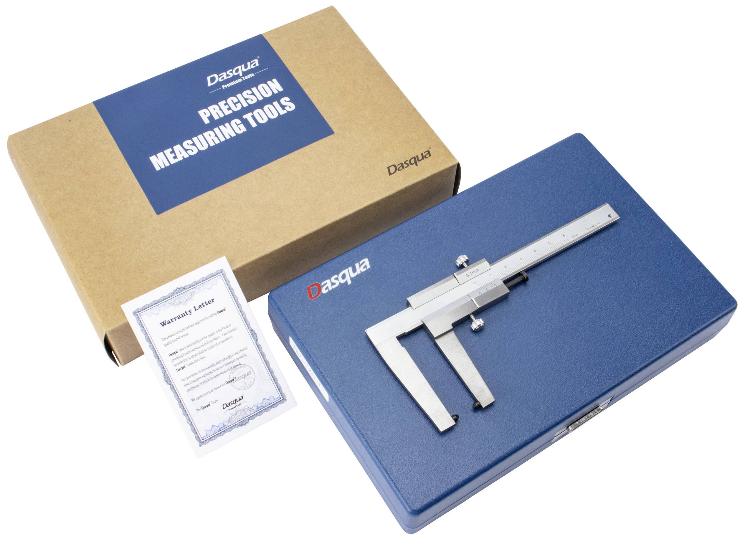 Karton mit Aufschrift 'Precision Measuring Tools', daneben blauer Koffer mit Mikrometer und Garantieschein.