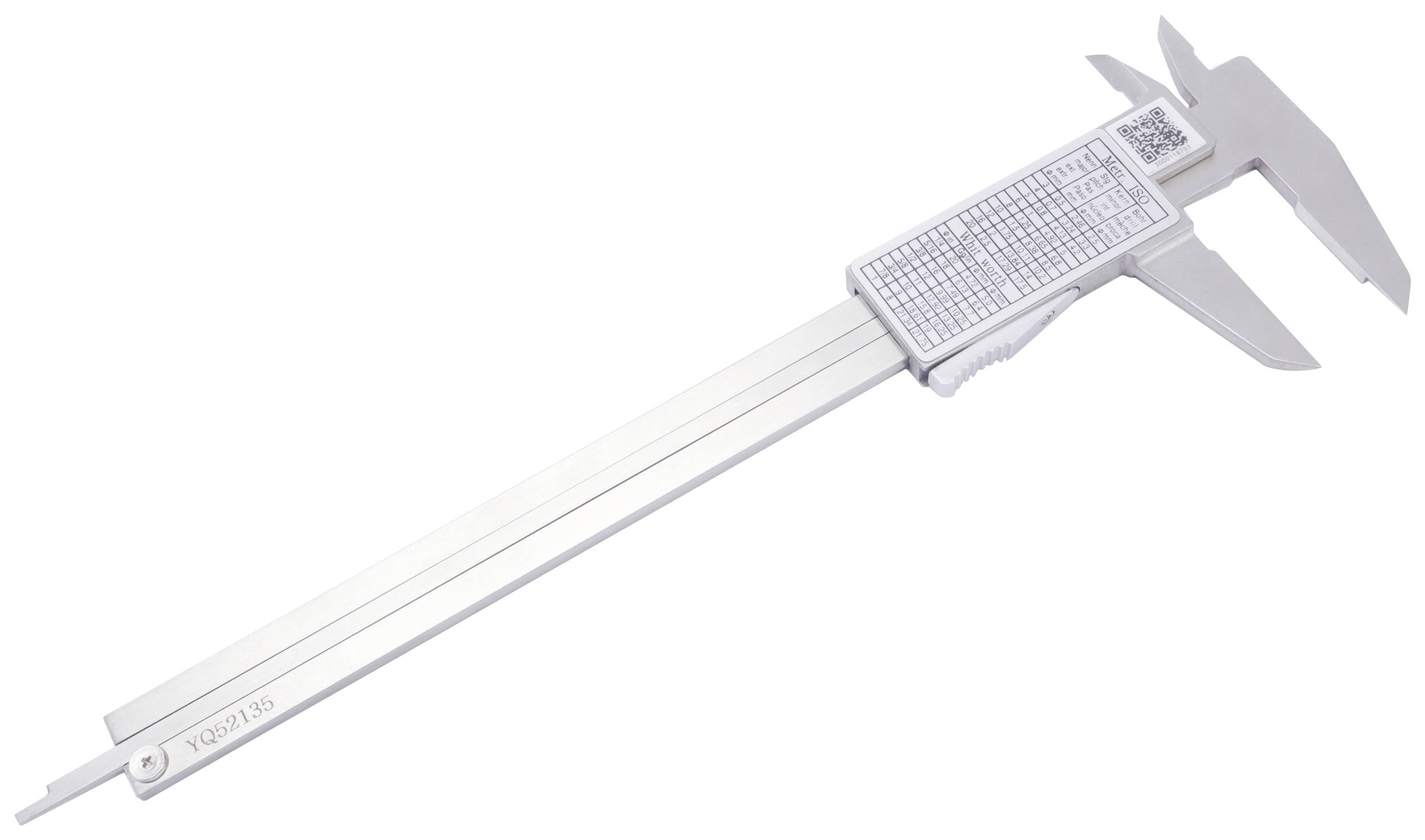 Messschieber aus Metall mit QR-Code auf dem Schieber für digitale Vermessungen.