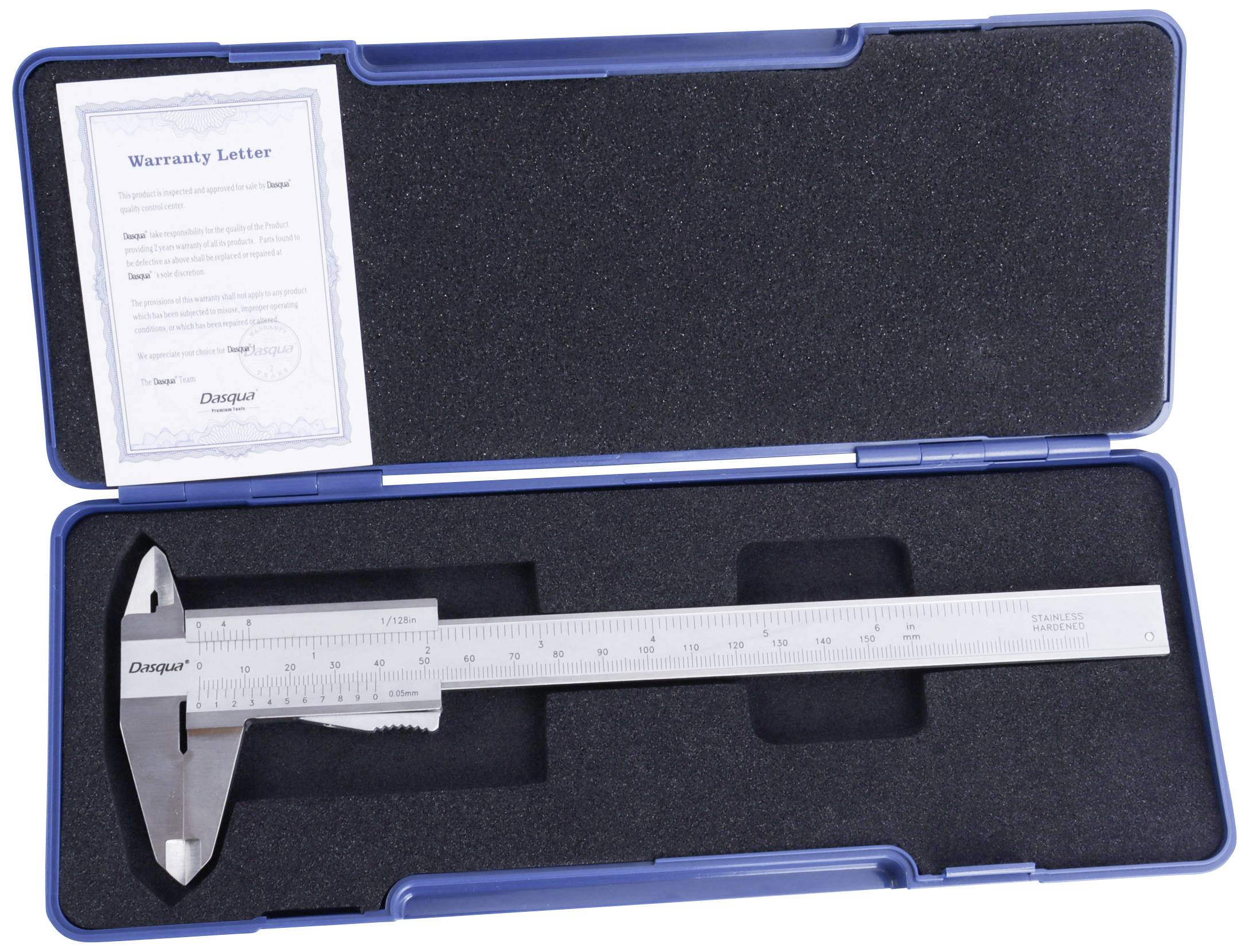 Metall-Messschieber in einem blauen Kunststoffetui, begleitet von einem Garantiebrief.