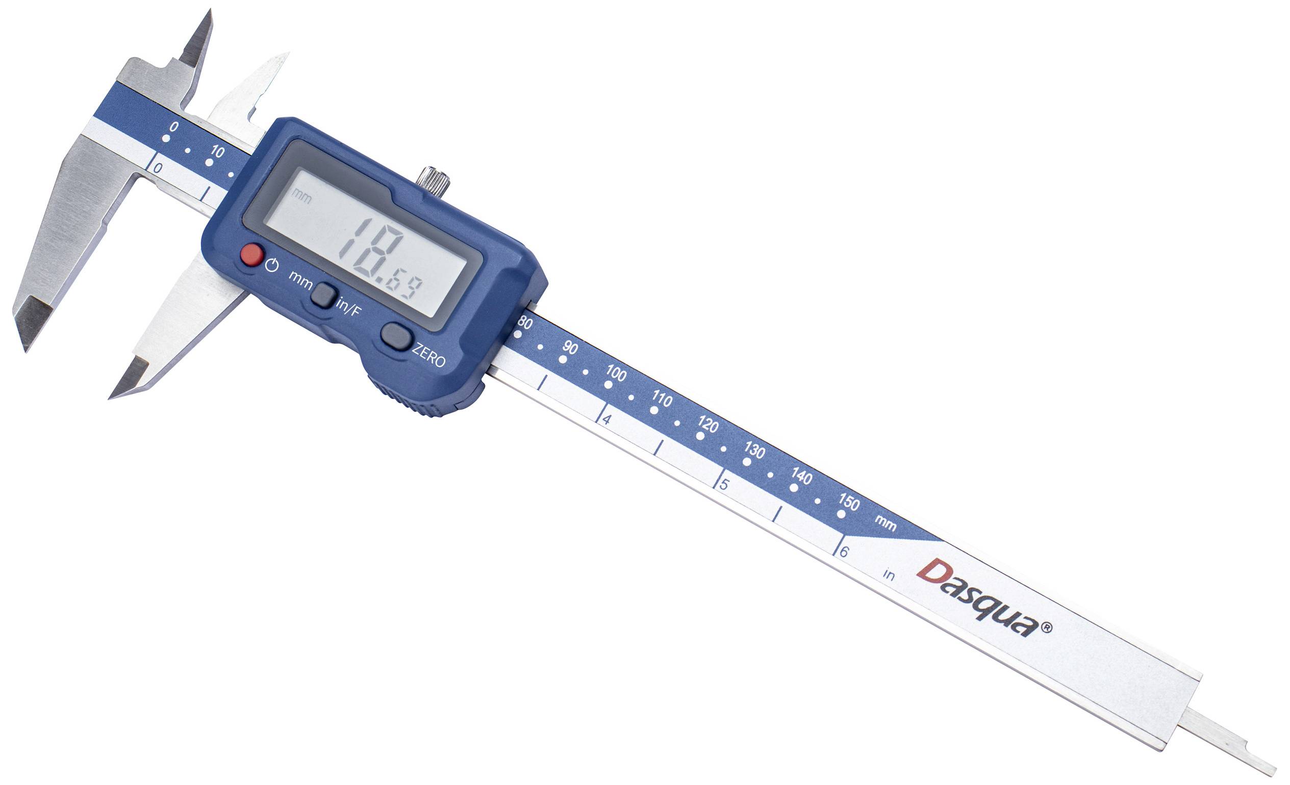 Digitaler Messschieber mit blauem Gehäuse zeigt '18.59' an. Skala in Millimetern. Markenname unten rechts aufgedruckt.
