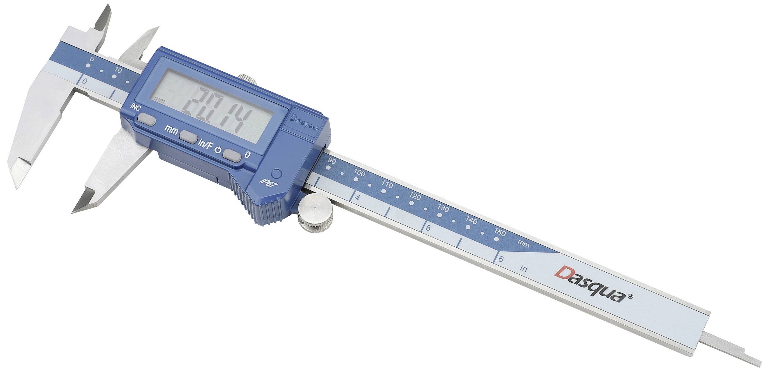 Ein digitaler Messschieber zeigt '20.04' auf dem Display. Das Gerät ist blau und silbern, mit einer Skala zur präzisen Messung.