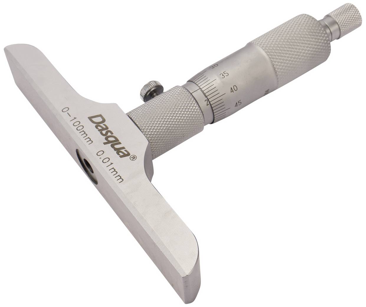 Tiefenmessschraube mit Skala in Millimetern, Bereich 0-100 mm, Genauigkeit 0,01 mm. Hauptbestandteil aus Metall mit gerändeltem Griff.
