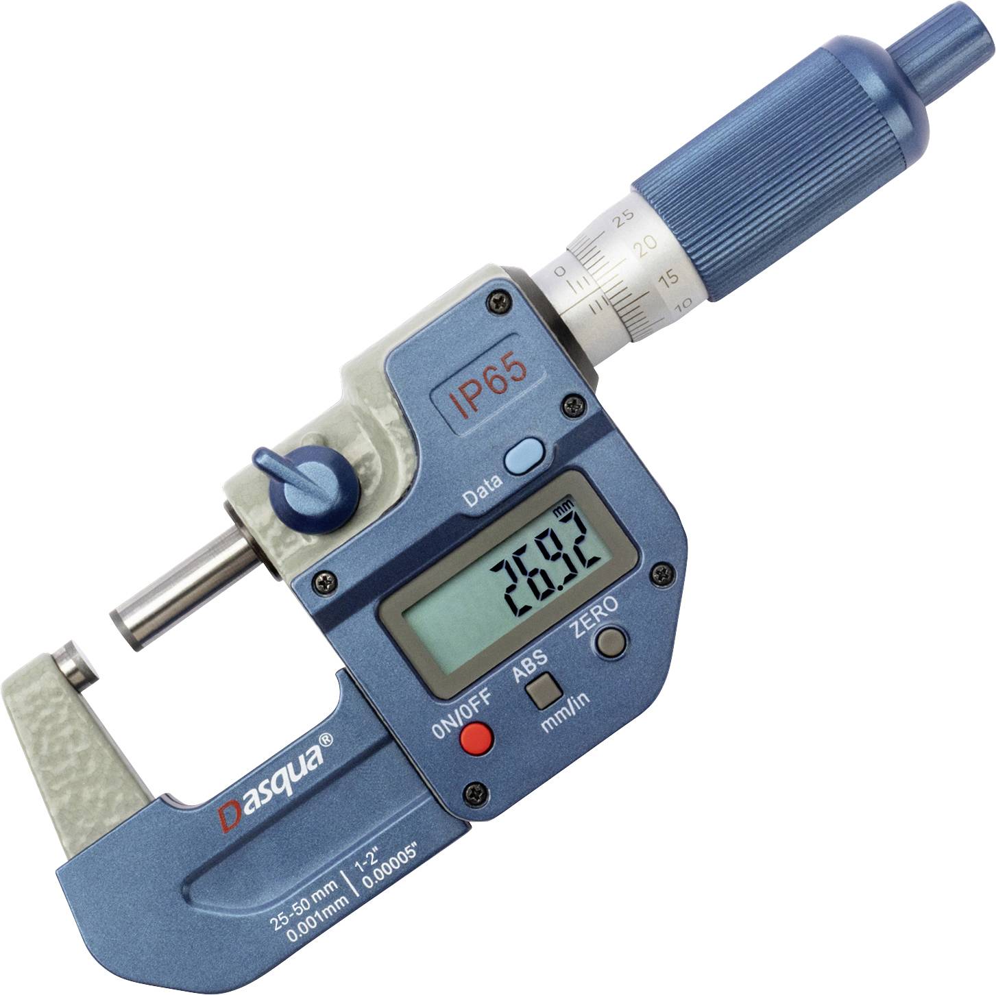 Ein blaues digitales Mikrometer mit LCD-Anzeige zeigt '26.92'. Messbereich: 25-50 mm. Marke: Dasqua.