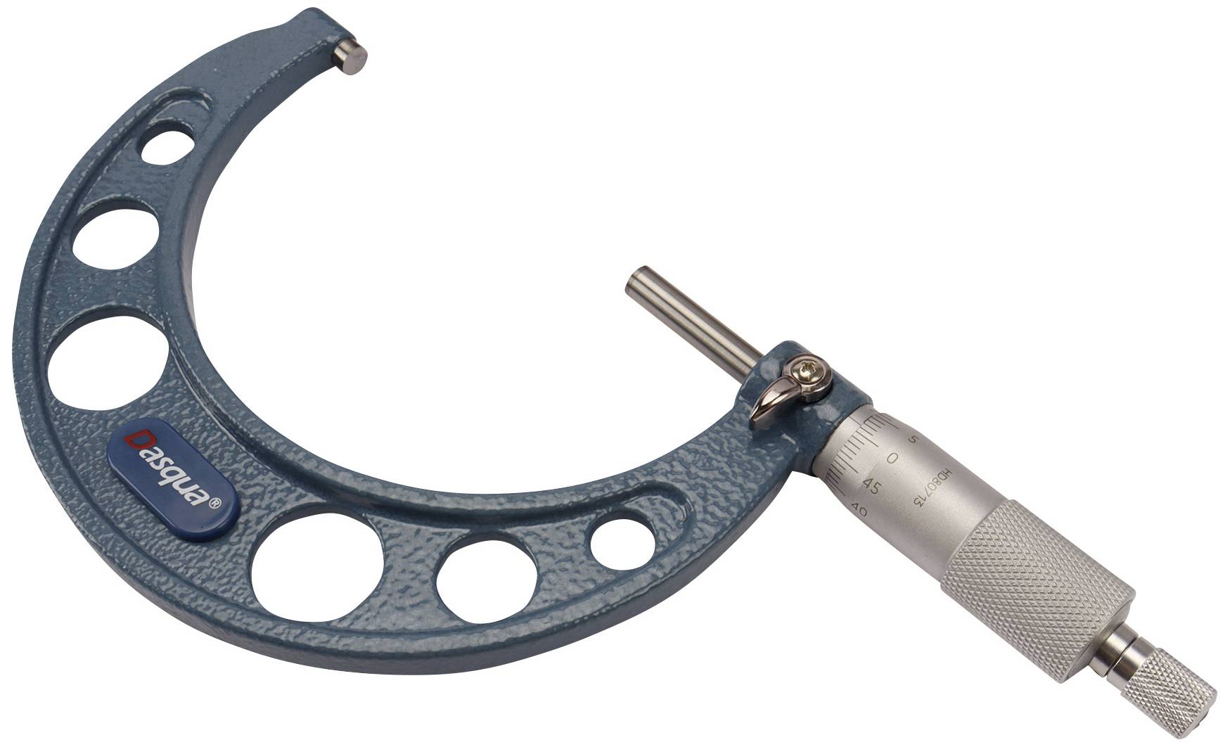 Ein Mikrometer mit blauem Bügel und silbernem Skalenkörper, verwendet zur präzisen Messung kleiner Abstände und Durchmesser.