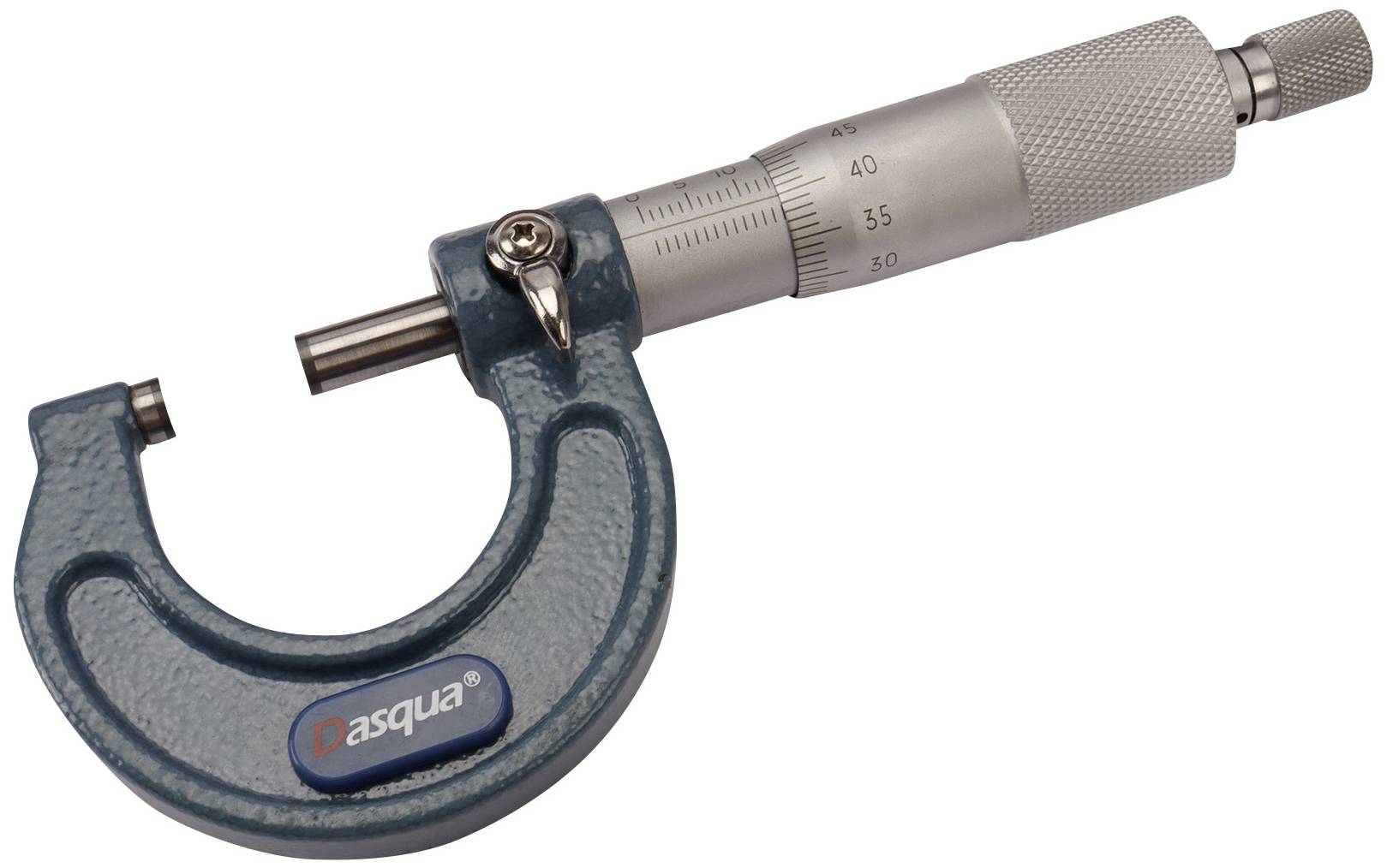 Ein Außenmikrometer mit blauer Hülse und Metallspindel, verwendet zur präzisen Messung kleiner Abstände und Durchmesser.