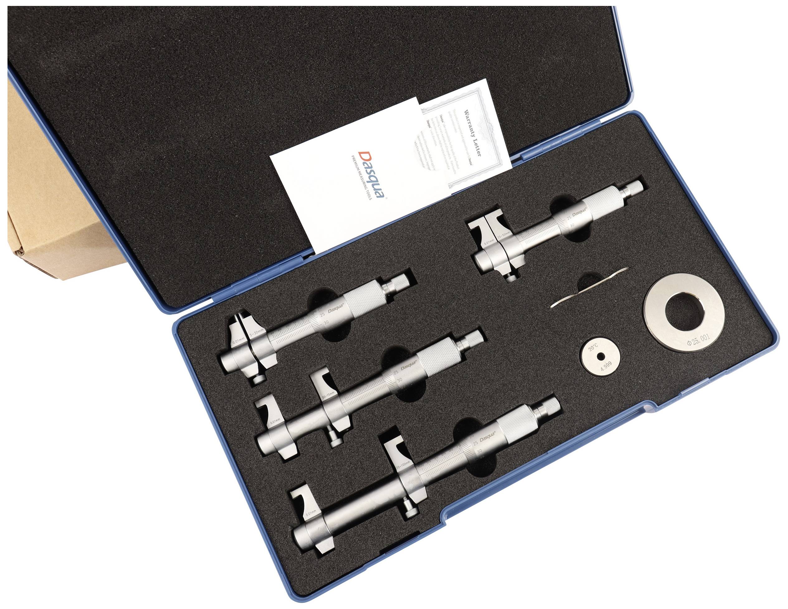 Mikrometer-Set in einem blauen Etui mit mehreren Größen, Handbuch und Zubehör.