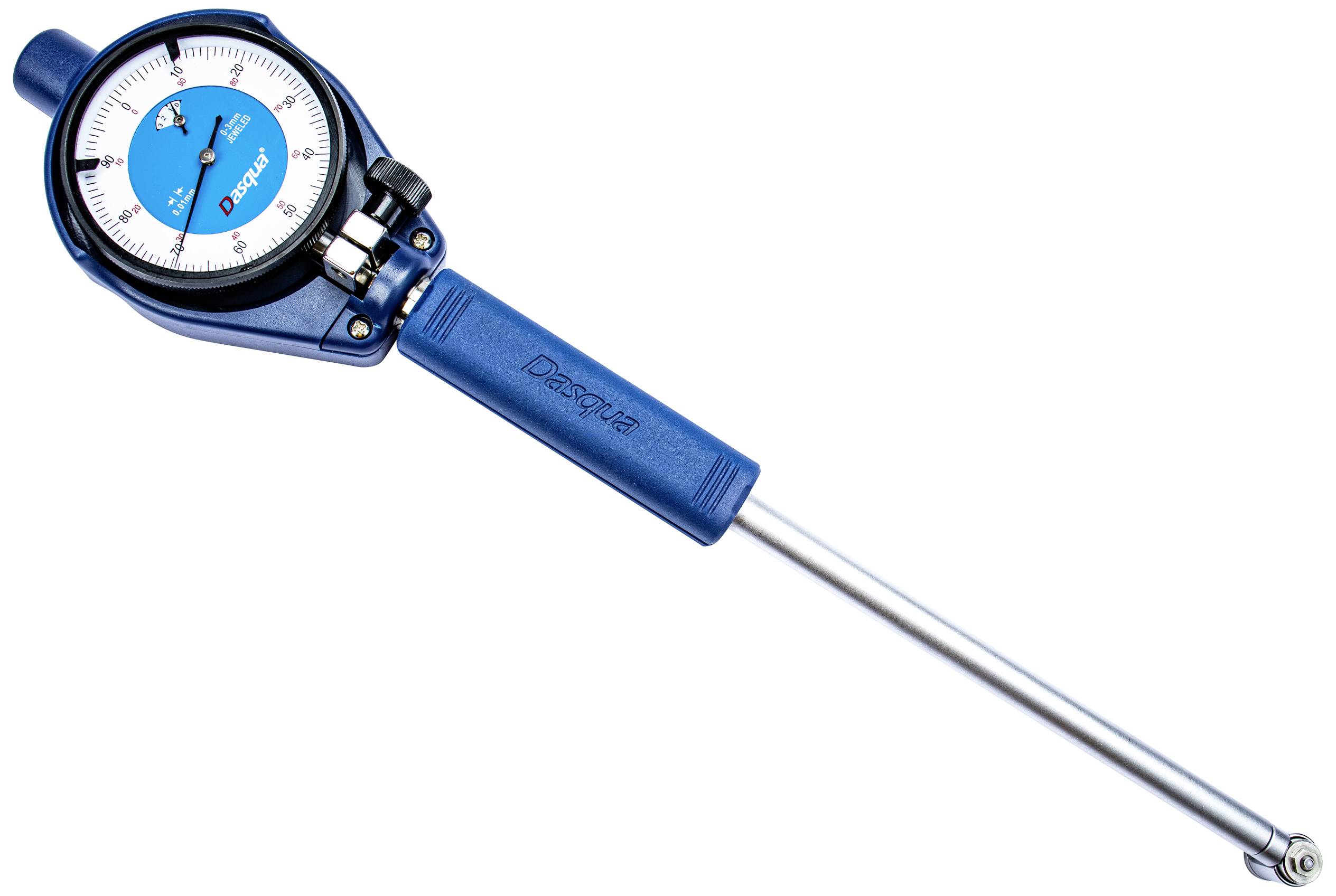 Messuhr mit blauem Zifferblatt, genauer Messbereich von 0,01 mm, langer Metallstiel, in blauem Kunststoffgehäuse.