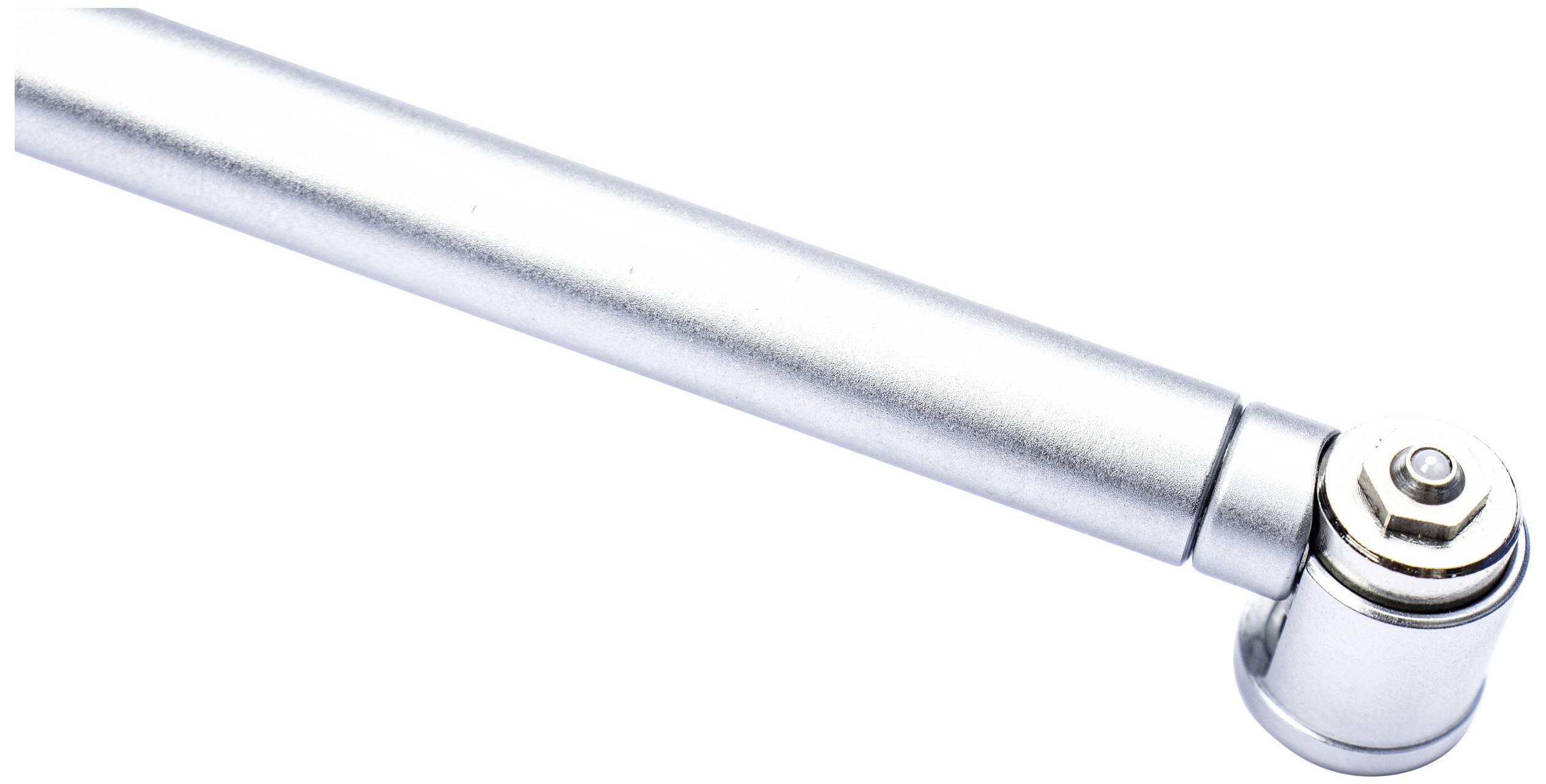 Metallischer Teleskoparm mit Gelenk am Ende, fokussiert auf die Drehstelle.