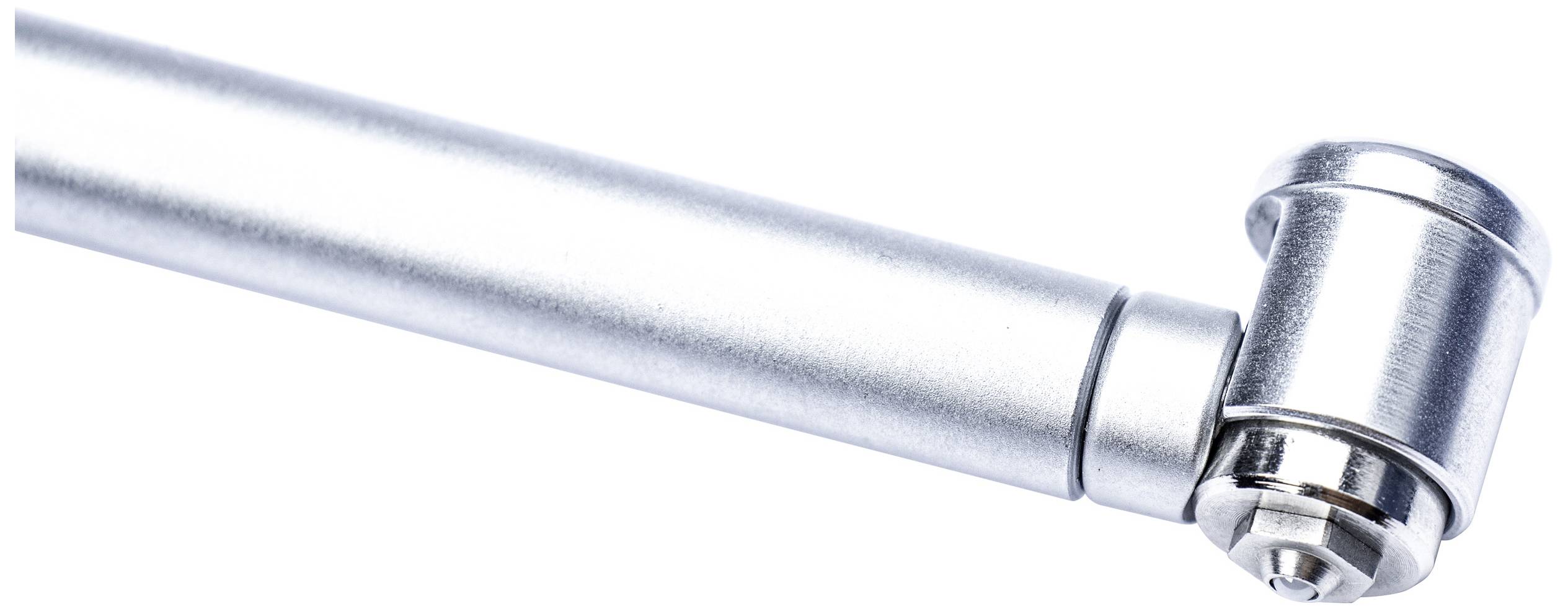 Metallisches Teil eines Zahnarztinstruments, vermutlich ein Handstück für zahnärztliche Arbeiten, auf weißem Hintergrund.