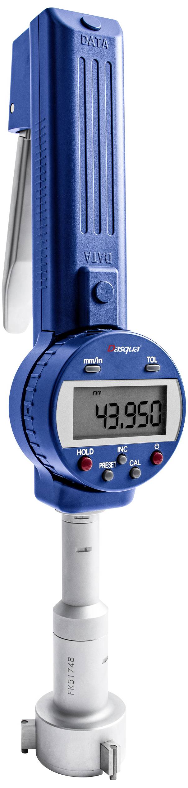 Ein blaues digitales Messgerät mit rundem Display zeigt den Wert '43.950' an. Es ist für präzise Messungen konzipiert.