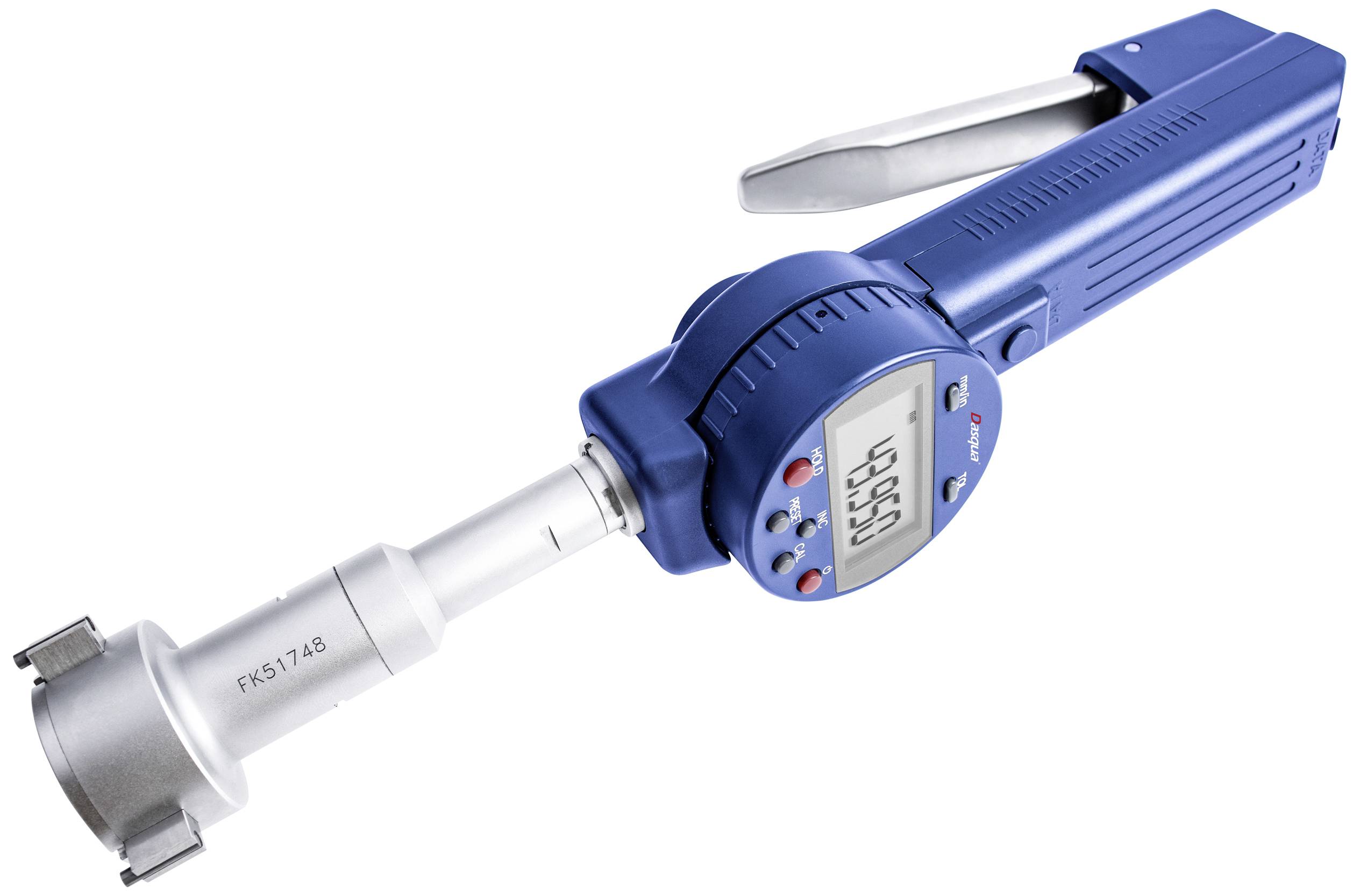 Messgerät in Blau mit digitalem Display zeigt '65.950'. Gerät hat zylindrischen Schaft und metallischen Messkopf.