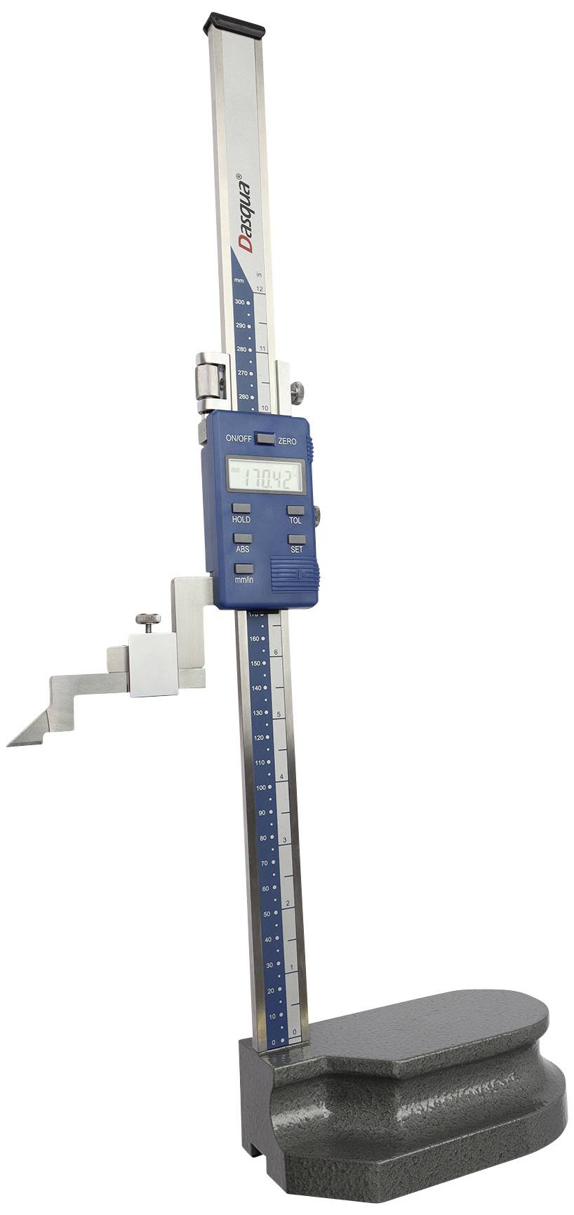 Digitaler Höhenmesser mit blauer Anzeigetafel, Metallstange und Messfüßen, verwendet für präzise Höhenmessungen in technischen Anwendungen.