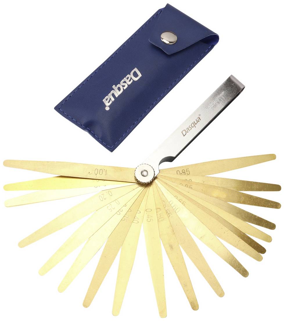 Ein Messwerkzeug-Set mit ausklappbaren Messblättern unterschiedlicher Dicke, inklusive blauer Schutzhülle.