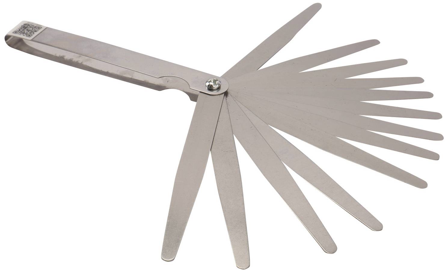 Metallfühlerblattlehre mit mehreren drehbaren Blättern zur Messung von Spaltbreiten oder Toleranzen. Blätter sind fächerartig angeordnet.