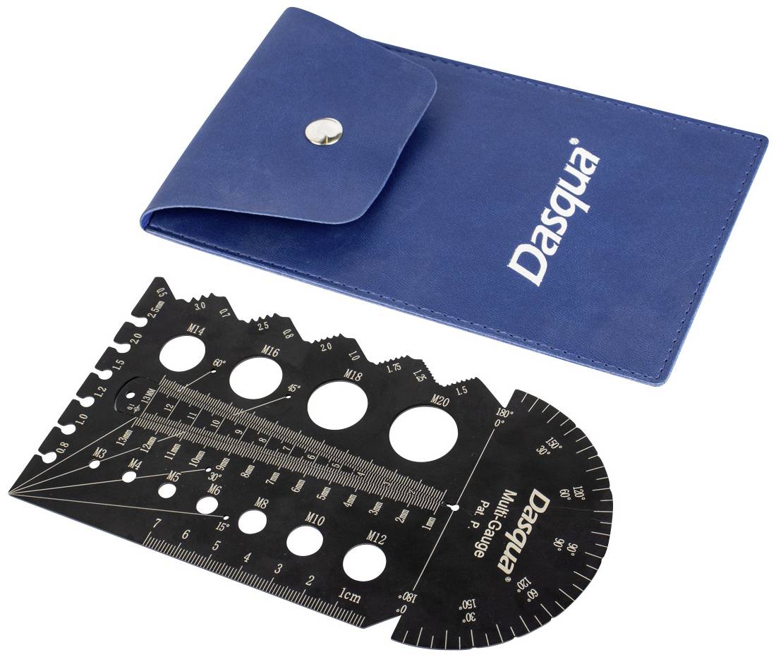 Metall Messwerkzeug in schwarzer Farbe mit verschiedenen Formen und Löchern, inklusive blauem Etui, markiert mit 'Dasqua'.