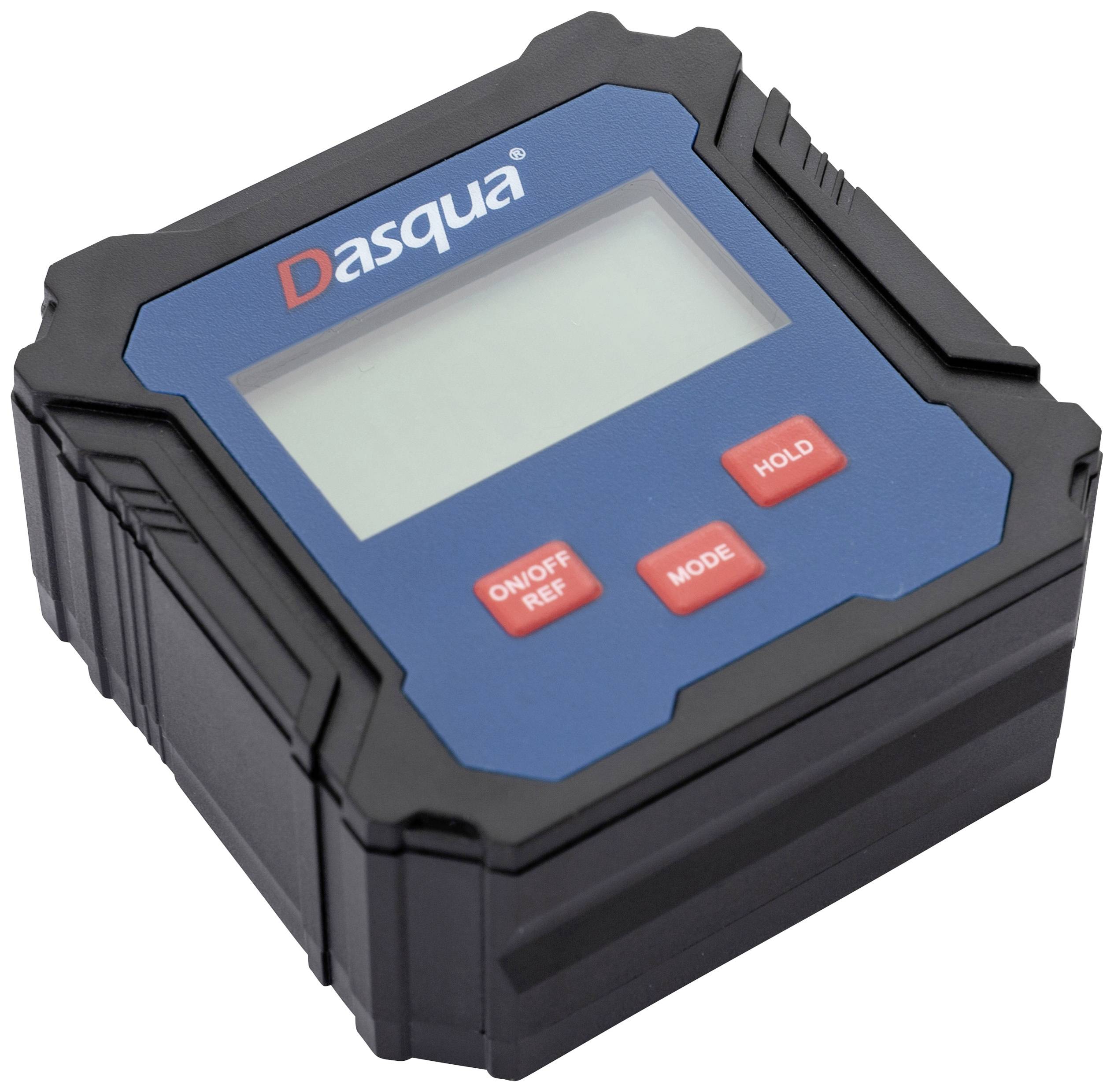 Elektronischer Winkelmesser mit digitalem Display, zwei roten Tasten ('MODE', 'HOLD'). Marke 'Dasqua', geeignet für präzise Messungen.