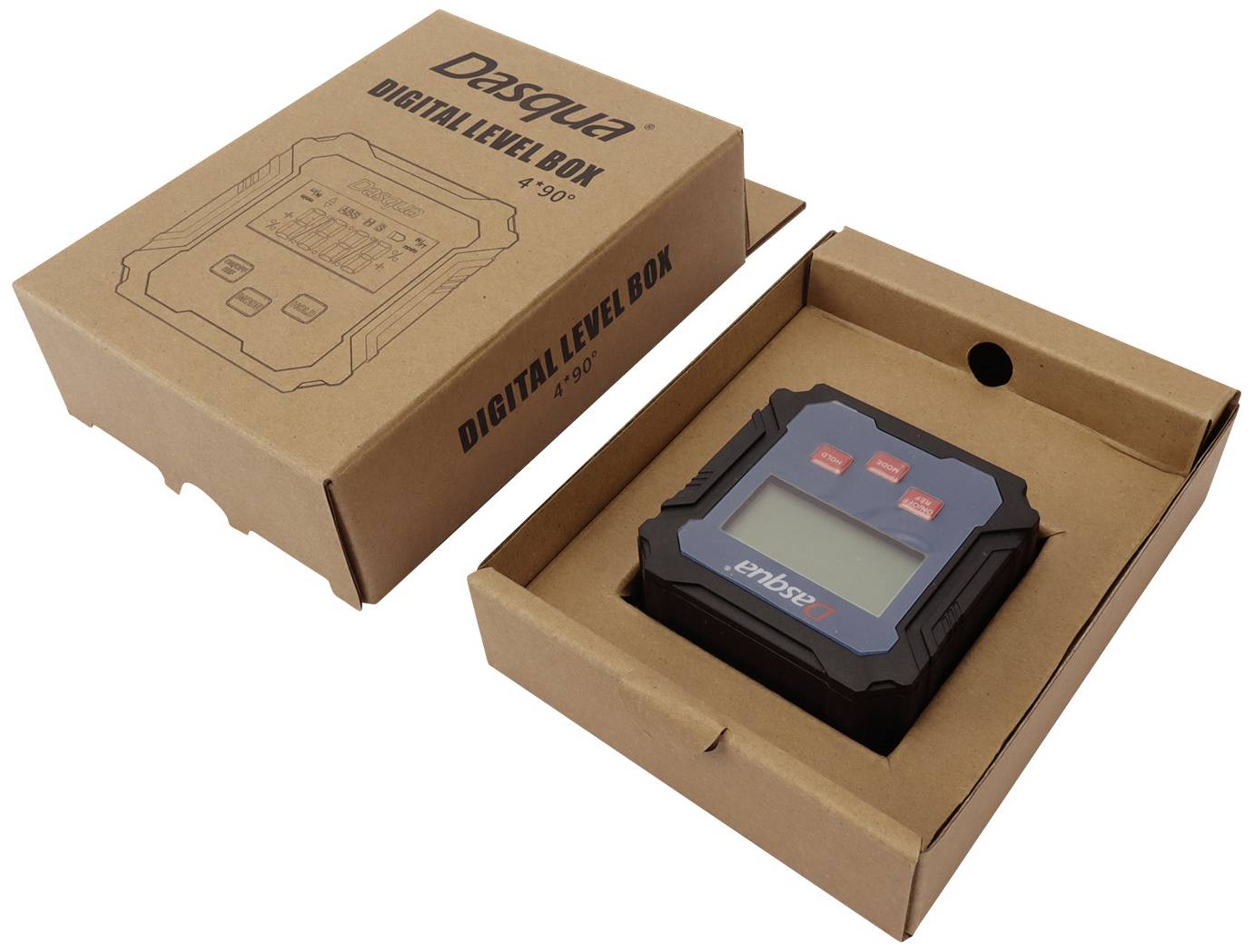 Eine digitale Wasserwaage von Daqua in einer geöffneten braunen Verpackung.