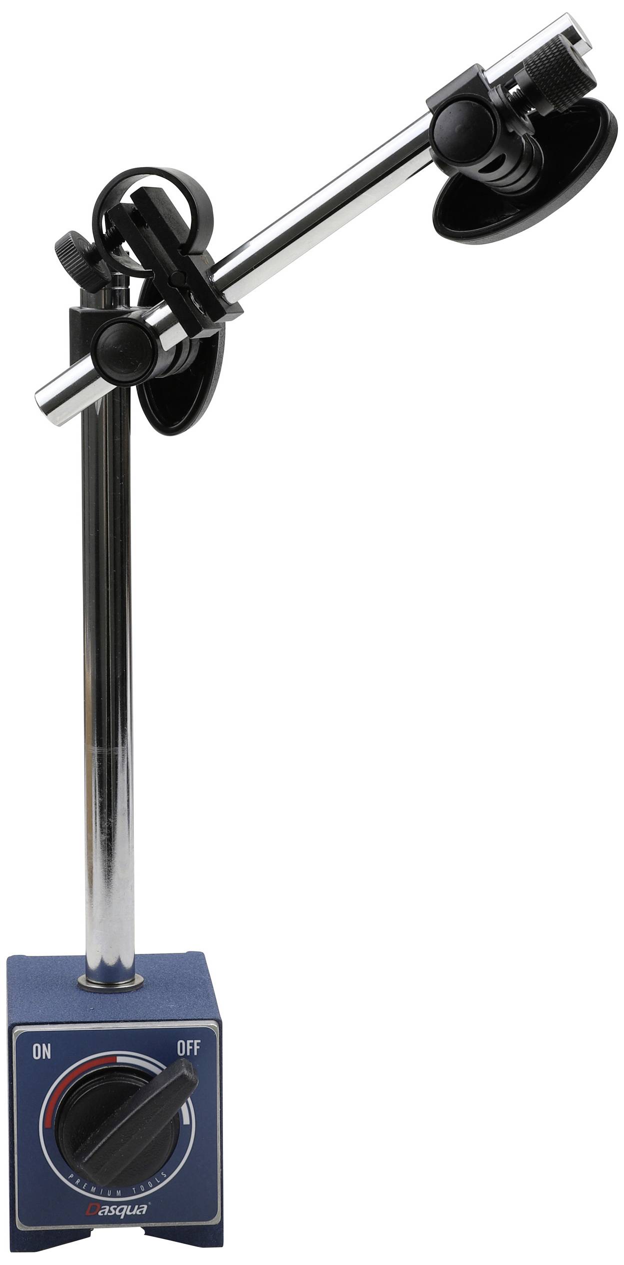 Magnetische Halterung mit flexiblem Arm, geeignet zur Befestigung von Messuhr oder Messgeräte, blauer Sockel mit Schalter.