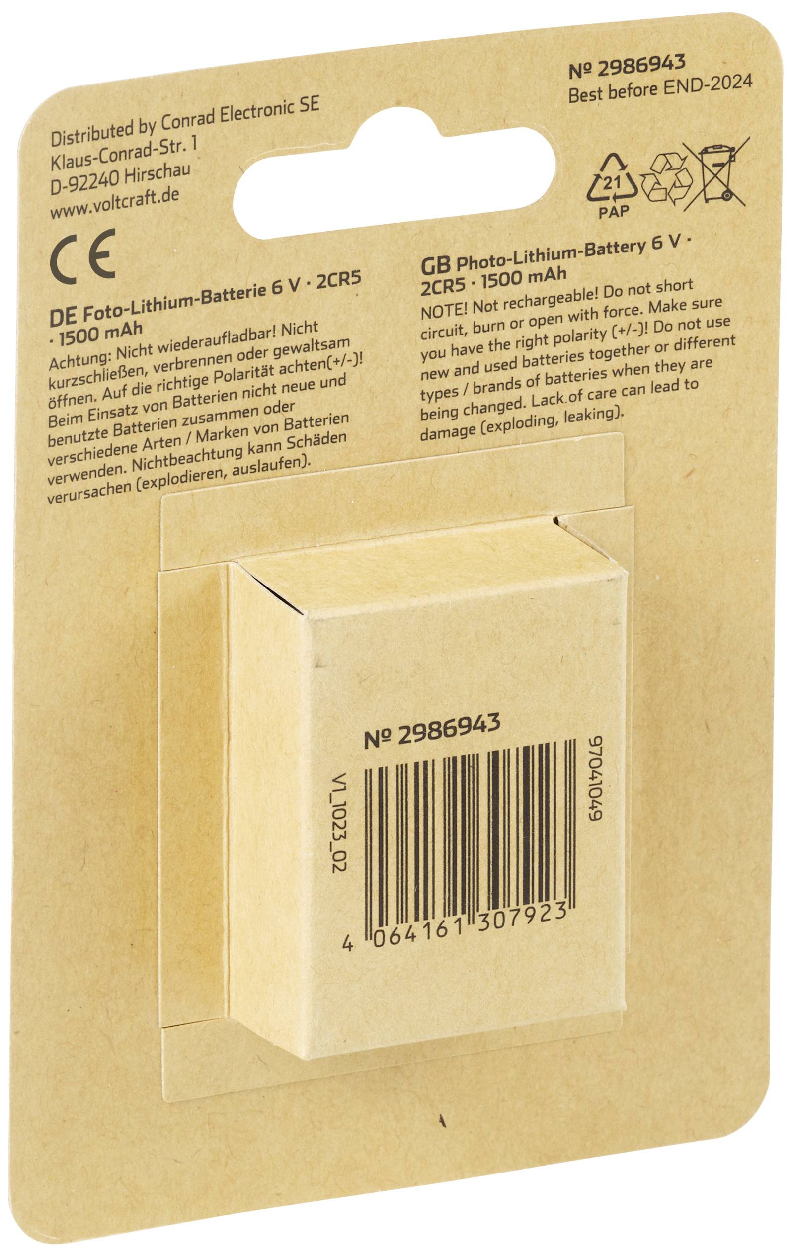 VOLTCRAFT Fotobatterie 2CR5 Lithium 1500 mAh 6V 1St.