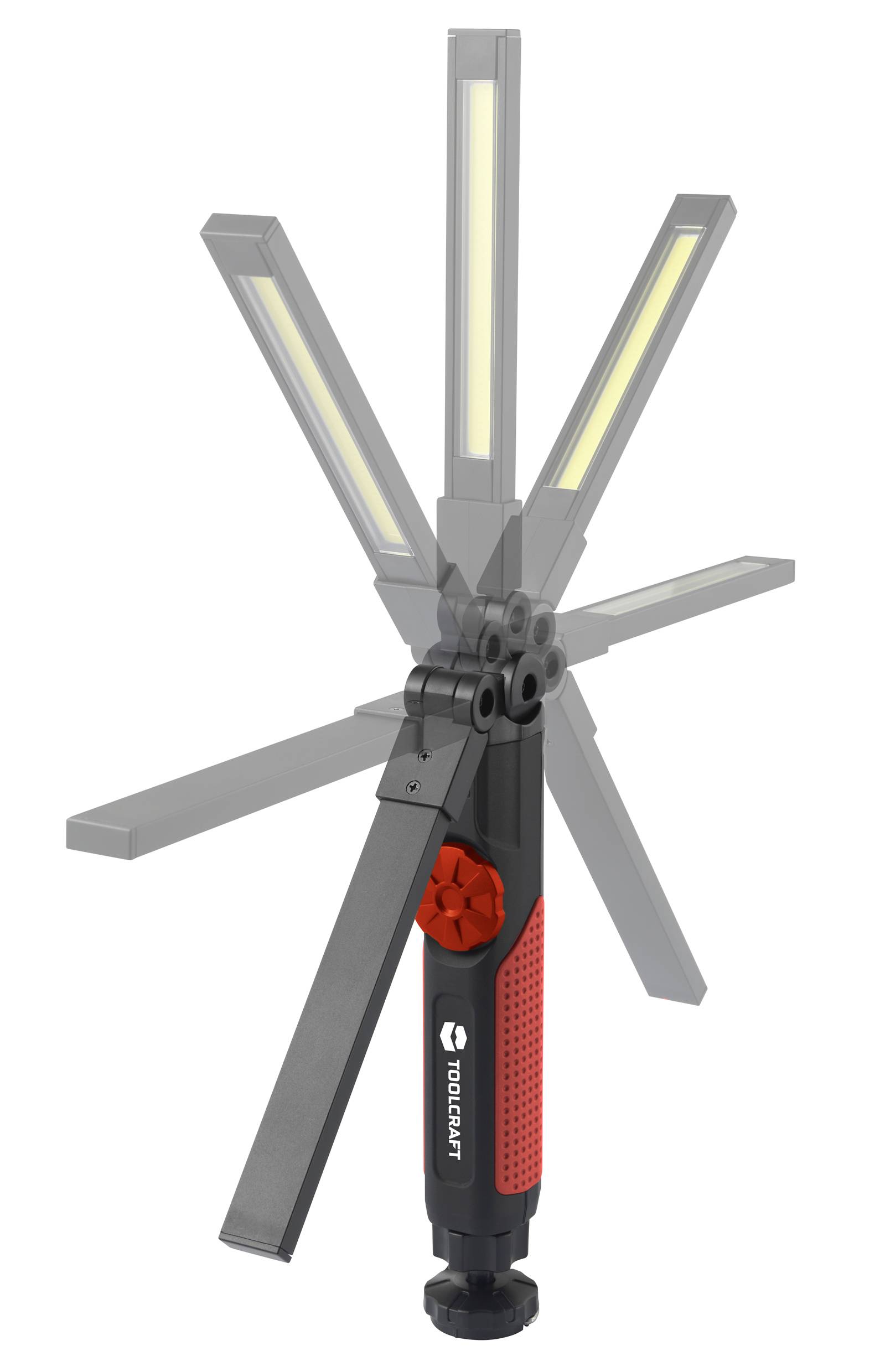 Klappbares Arbeitslicht mit drehbaren LED-Panels, rot-schwarzem Griff und TOOlCRAFT-Logo. Geeignet für variable Ausleuchtung.