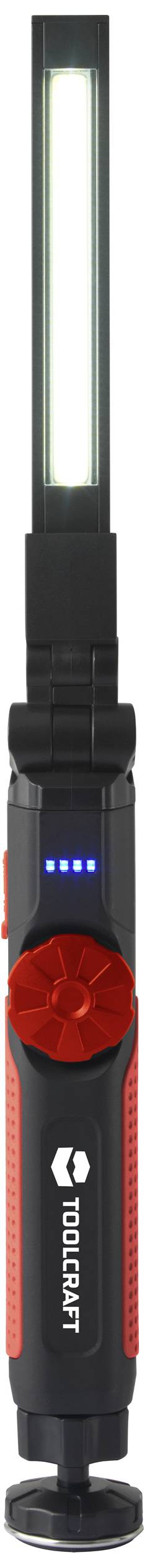 Schwarze und rote tragbare LED-Taschenlampe mit langem Leuchtkopf. LEDs oben zeigen den Akkustand an.