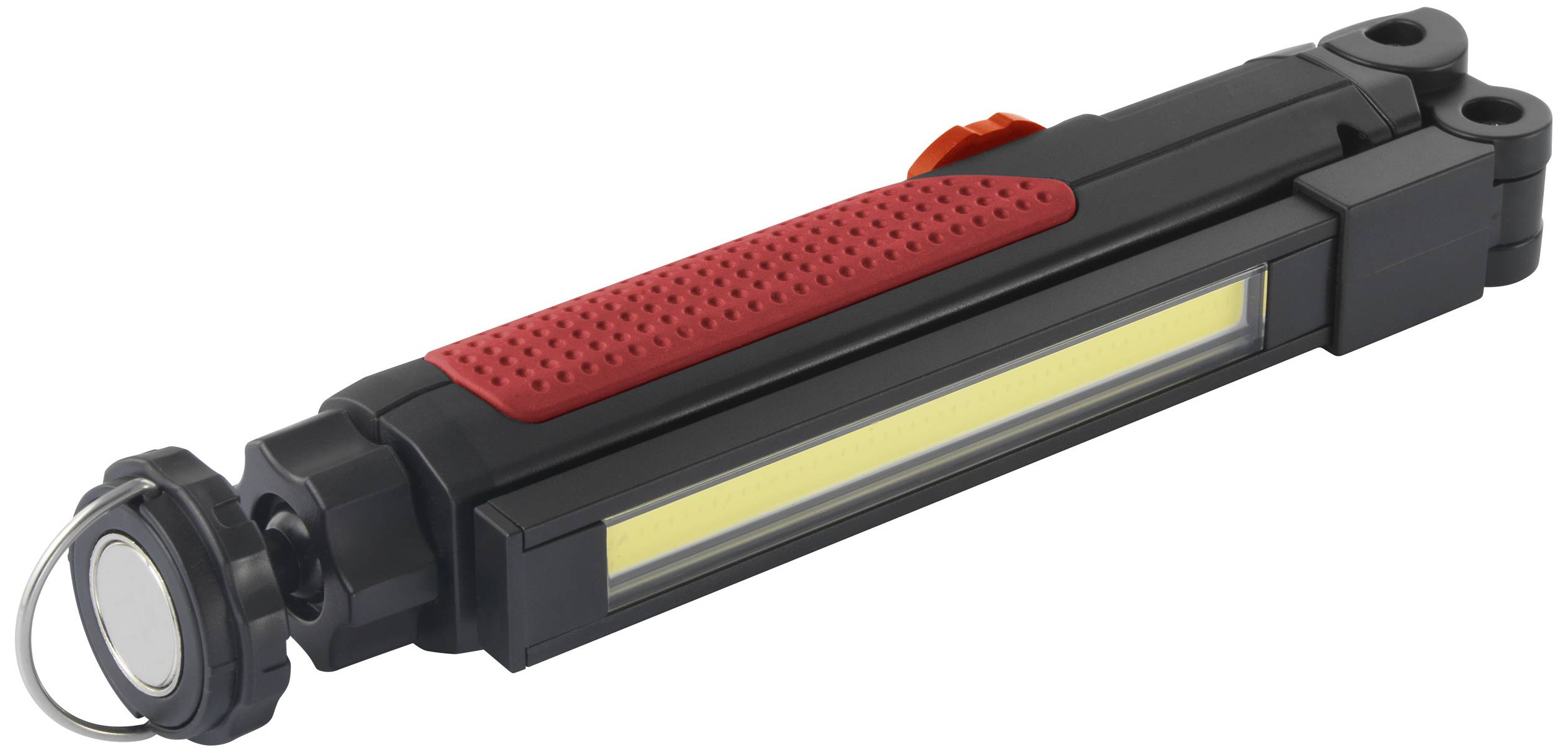 Tragbare LED-Arbeitsleuchte mit rotem Griff und Magnetfuß zur freihändigen Nutzung. Sie ist länglich und schwarz.
