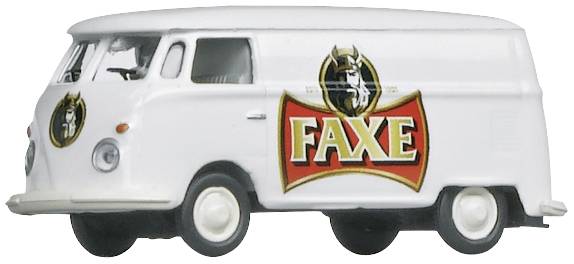 Ein weißer VW-Bus mit dem „FAXE”-Logo an der Seite. Der Bus ist ein Modellauto im retro Stil.