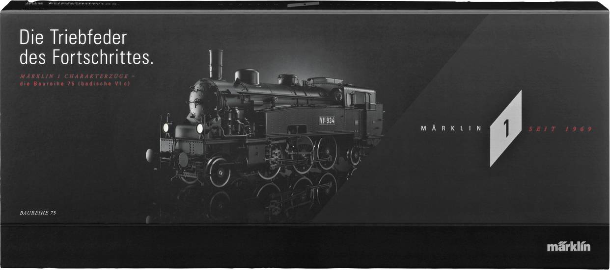 Schwarze Modelllokomotive der Baureihe 7145 auf grauem Hintergrund mit Text 'Die Triebfeder des Fortschrittes' und Märklin-Logo.