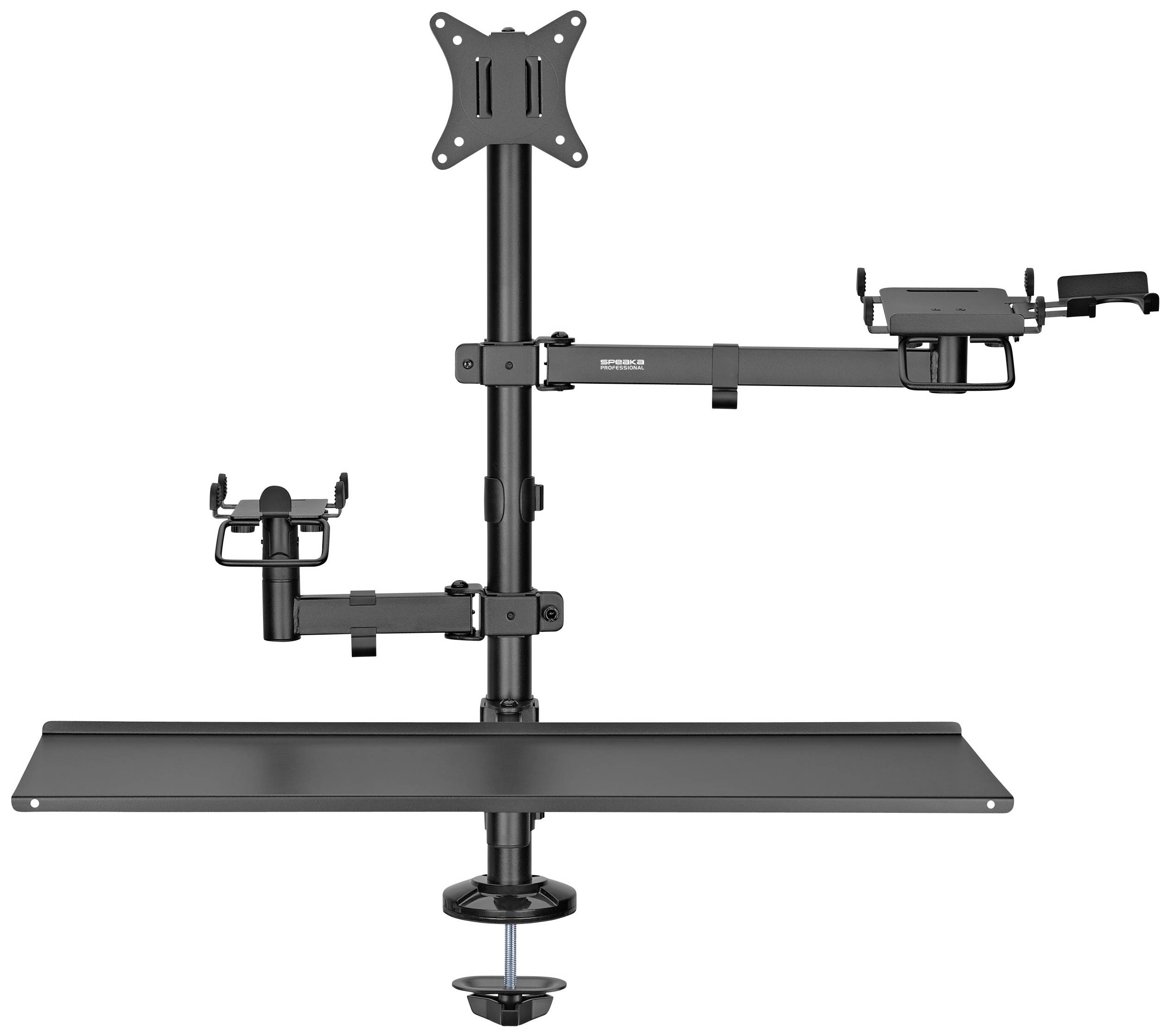 Ein schwarzer, verstellbarer Monitorarm mit Tastaturablage und zusätzlichen Halterungen für Schreibtischbefestigung, ohne Monitore.
