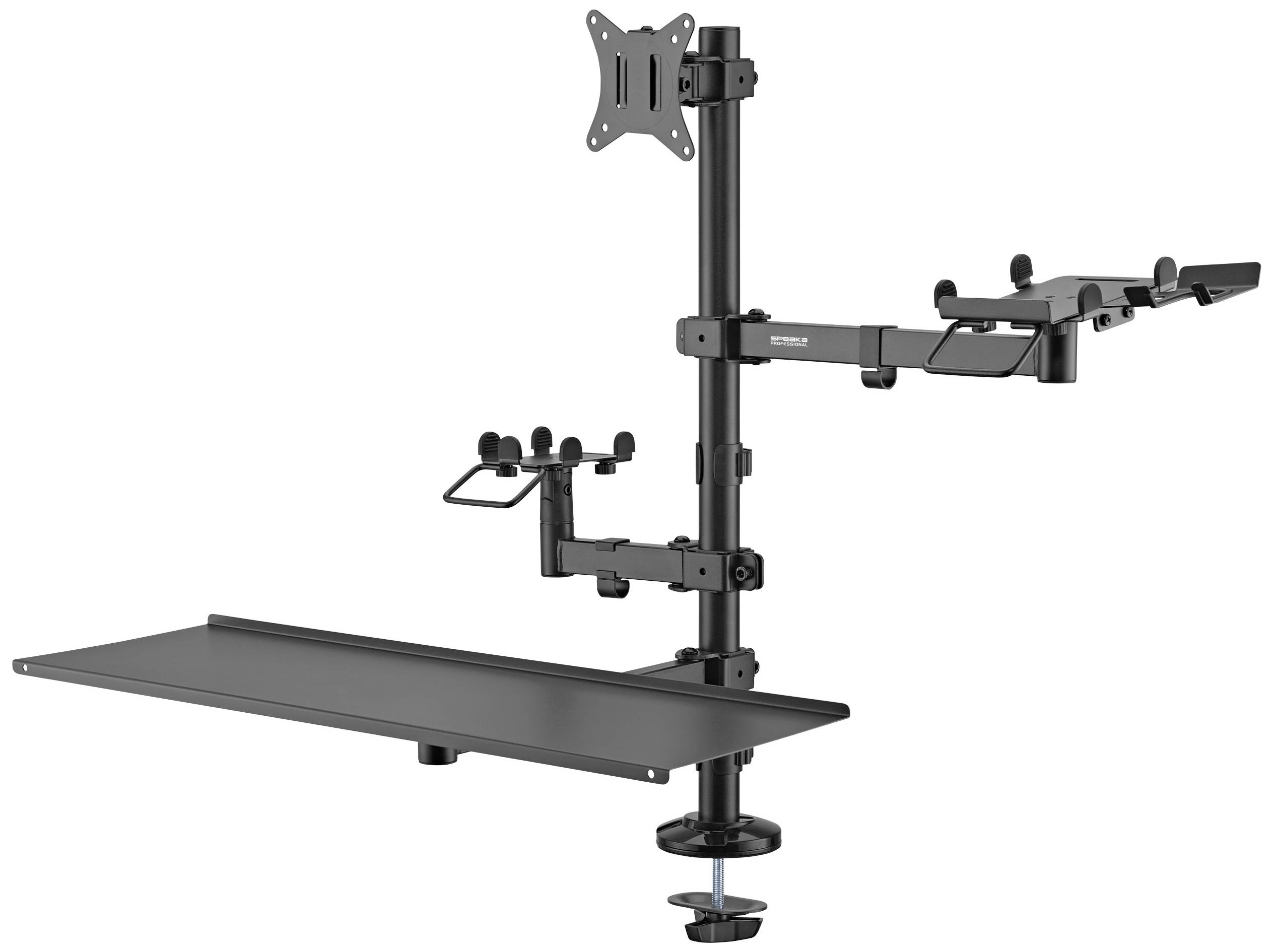 Schwarzer Monitorständer mit zwei Halterungen, Tastaturablage und Klemme zur Befestigung an einem Tisch. Geeignet für ergonomische Arbeitsplatzgestaltung.
