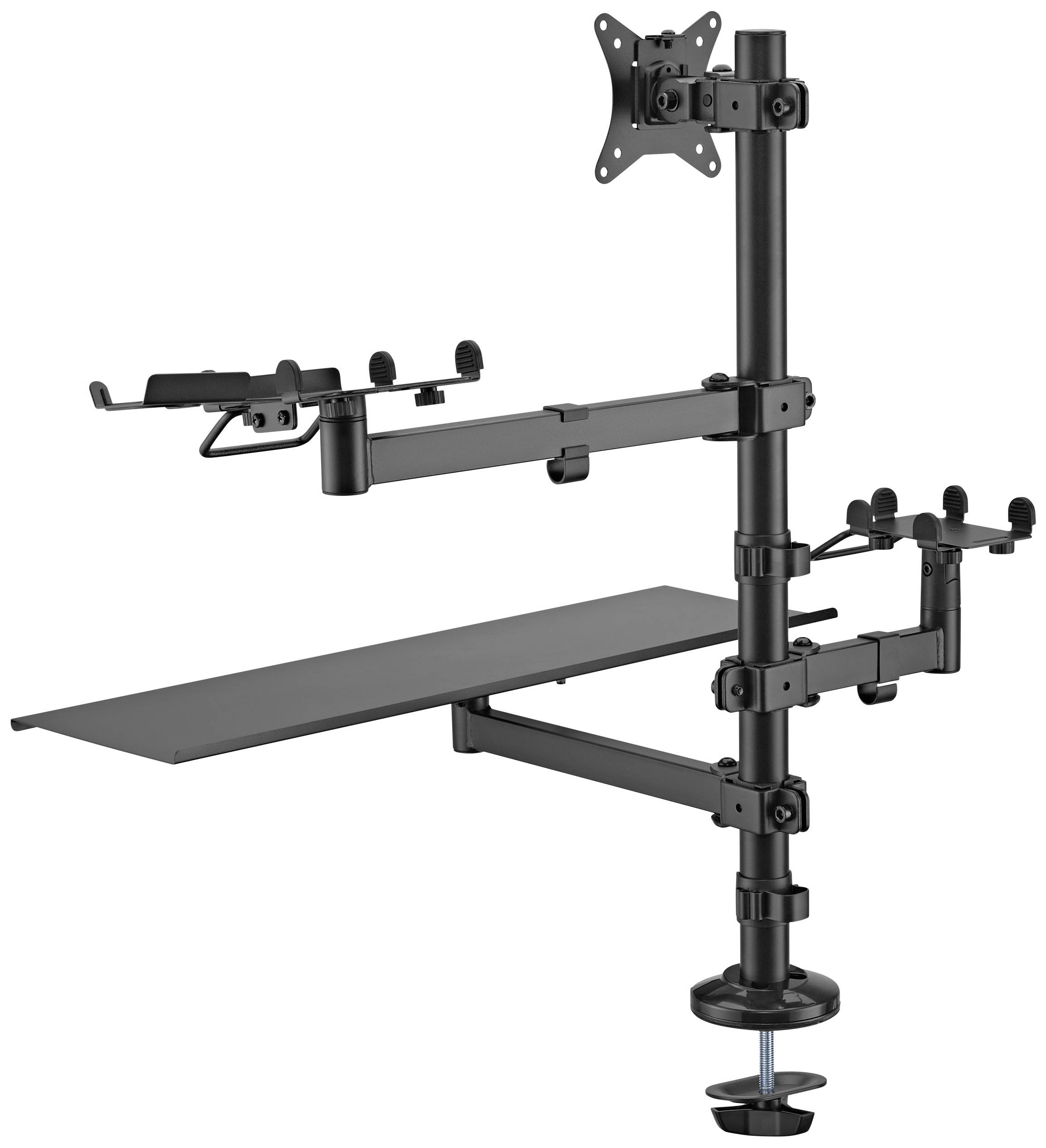 Ein schwarzer, höhenverstellbarer Bildschirm- und Laptopständer mit zwei Armen zur Befestigung an einem Schreibtisch.