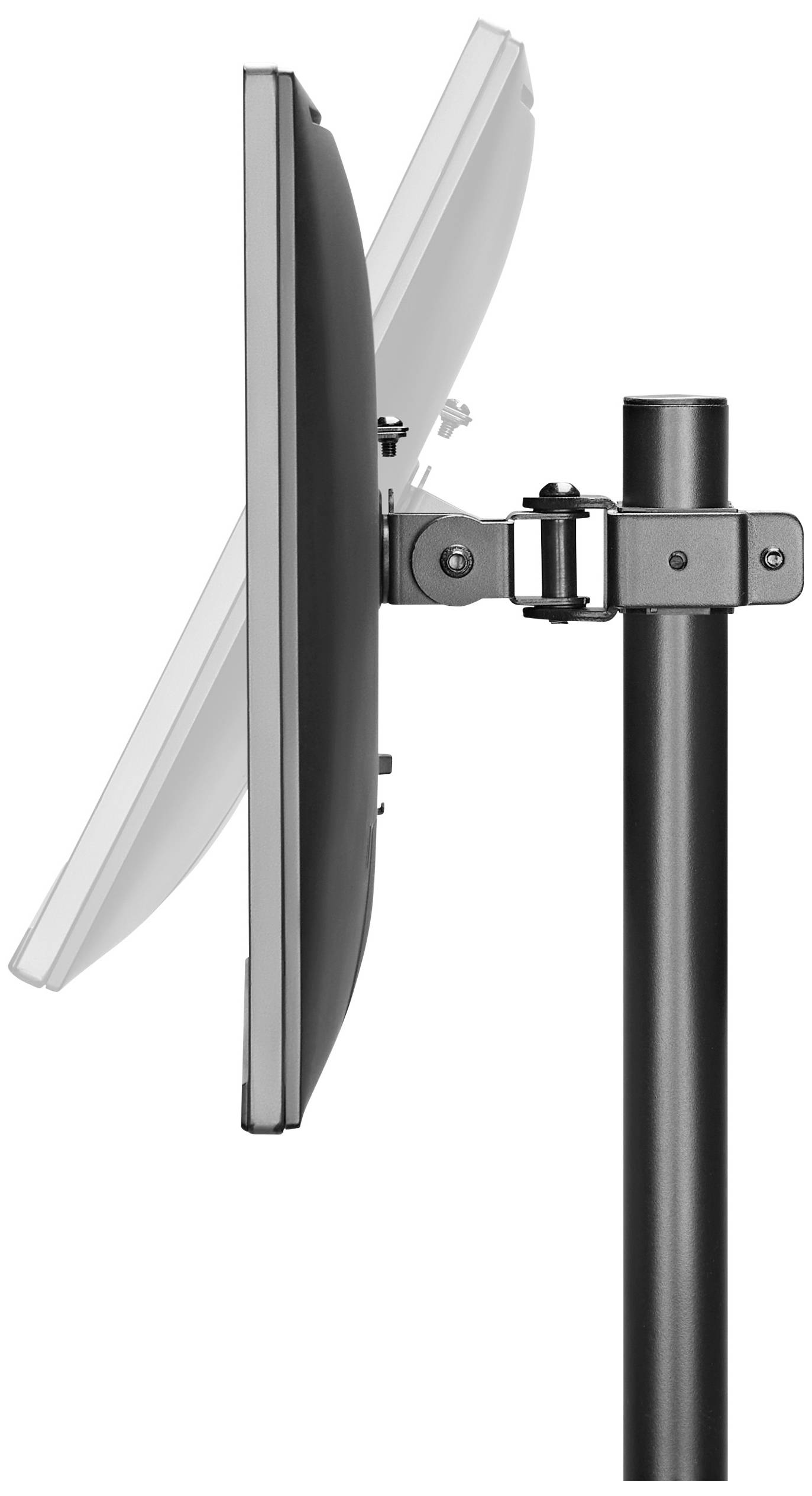 Seitenansicht eines Flachbildschirms, montiert an einem verstellbaren, schwarzen Metallarm, der an einem vertikalen Ständer befestigt ist.