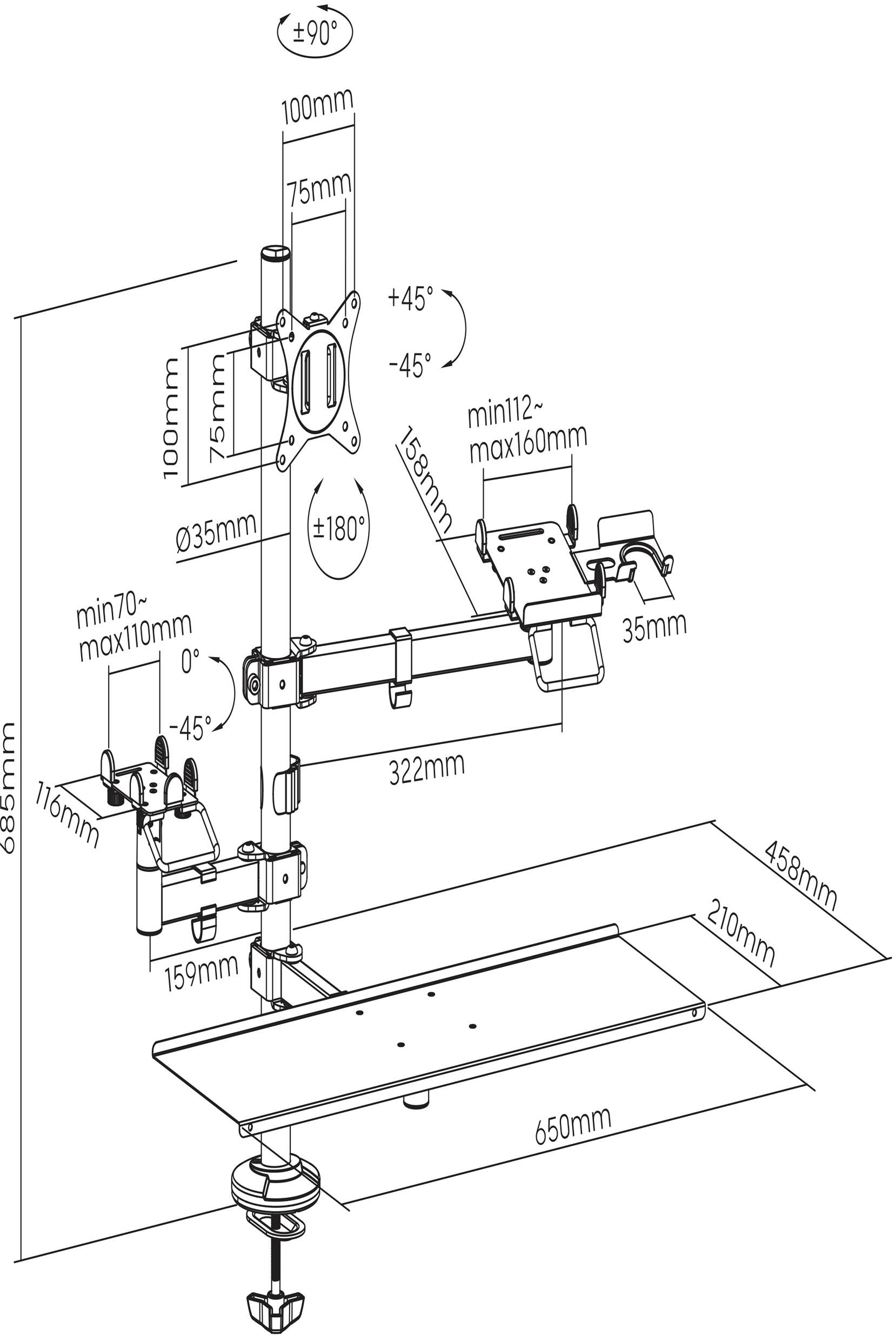 Technische Zeichnung einer Monitorhalterung mit Maßen in Millimetern. Höhenverstellung, Neigungswinkel und Befestigungspunkte gezeigt.