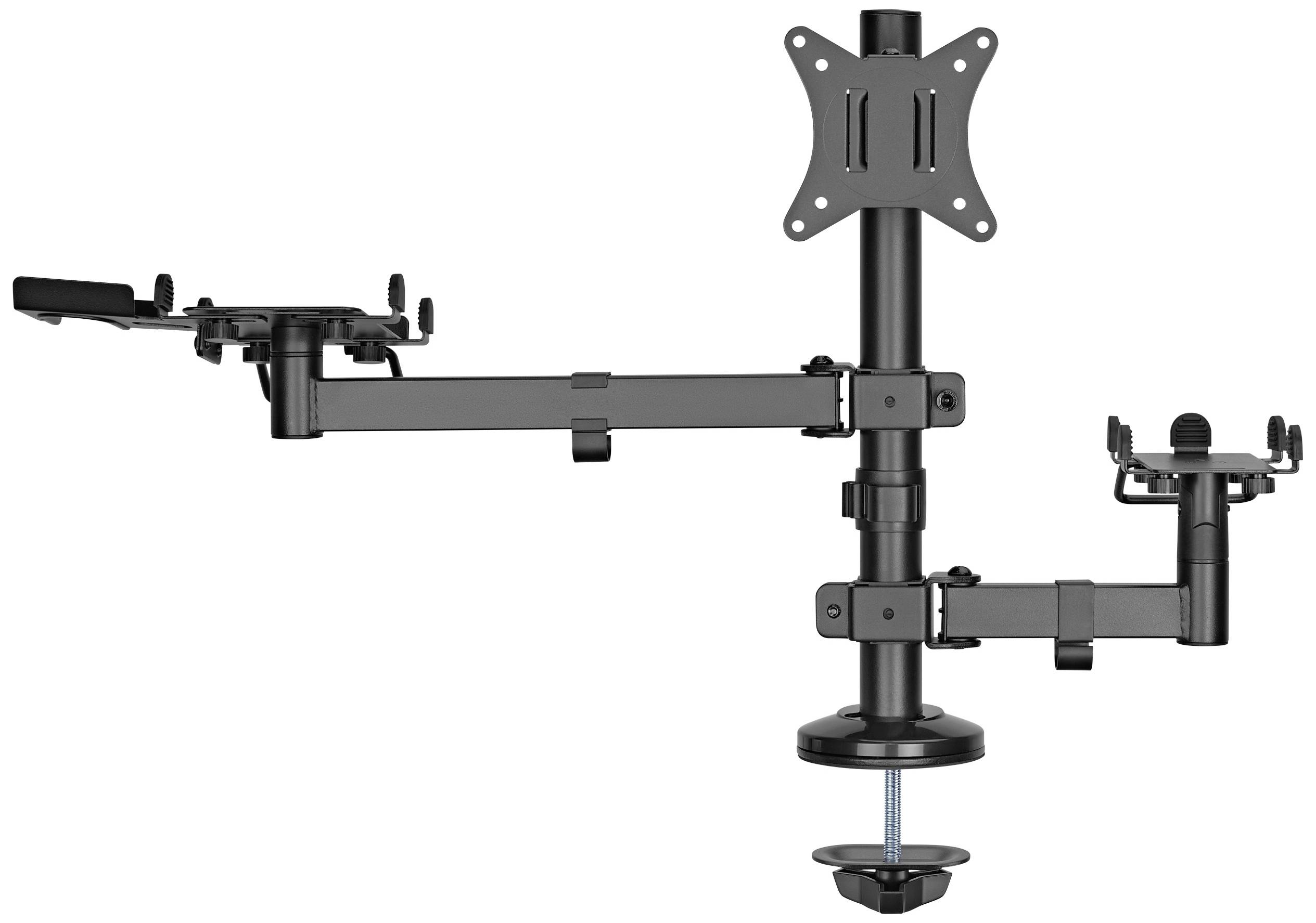 Monitorhalterung mit zwei Armen, Klemmbefestigung an Tischkante. Linker Arm für Laptop, rechter Arm für Monitor. Schwenk- und neigbar.