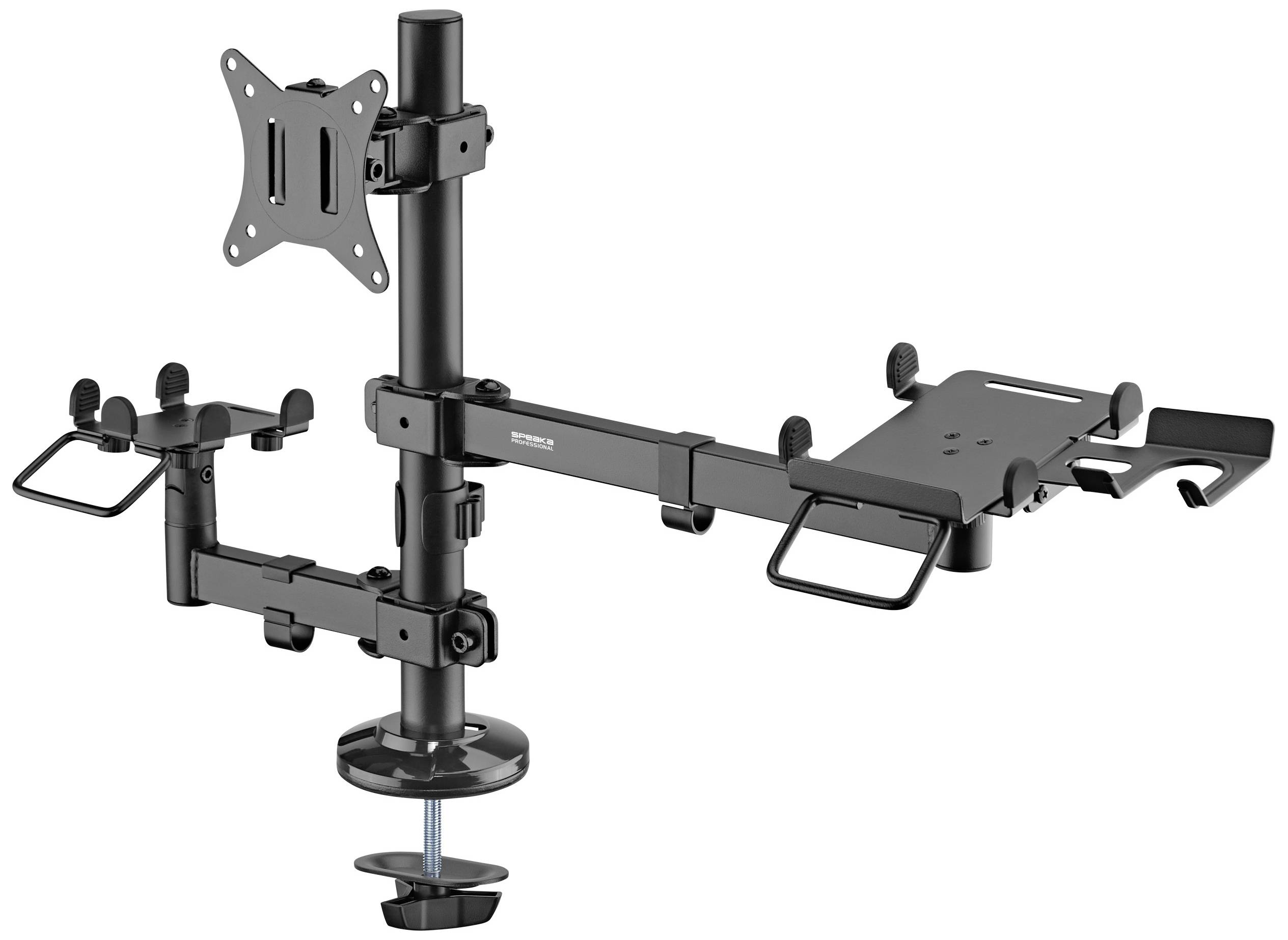 Ein verstellbarer Monitor- und Laptopständer zur Tischbefestigung mit zwei Armen. Ideal zur ergonomischen Arbeitsplatzgestaltung.