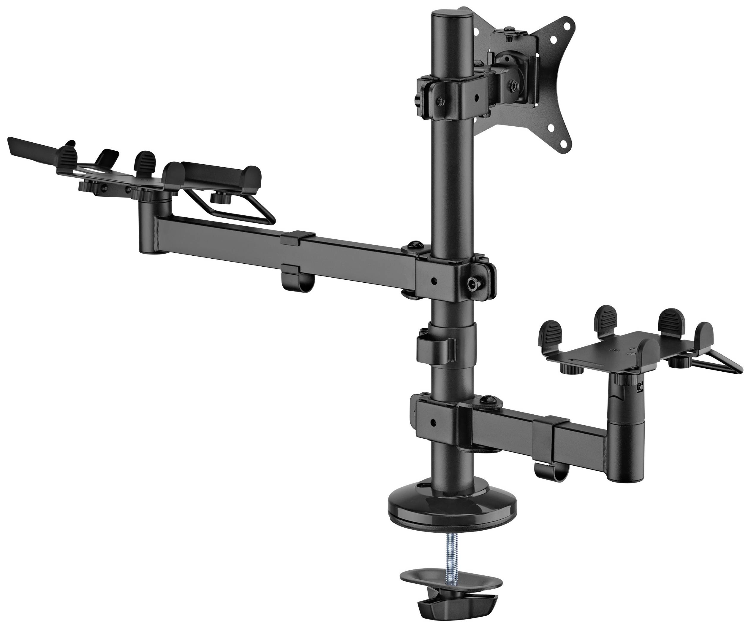 Ein verstellbarer schwarzer Monitorarm aus Metall mit mehreren Gelenken und einer Klemme zur Befestigung an einem Tisch.