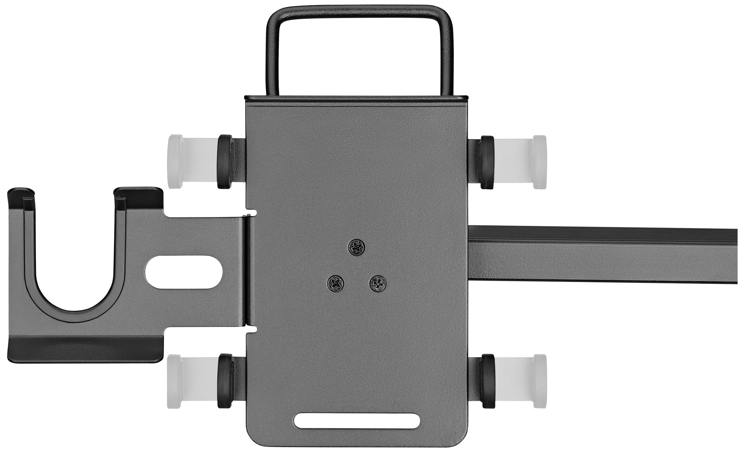 Graue, rechteckige Metallhalterung mit seitlichem Haken und vier weißen Kappen. Geeignet zur Montage an einer Stange oder Ähnlichem.