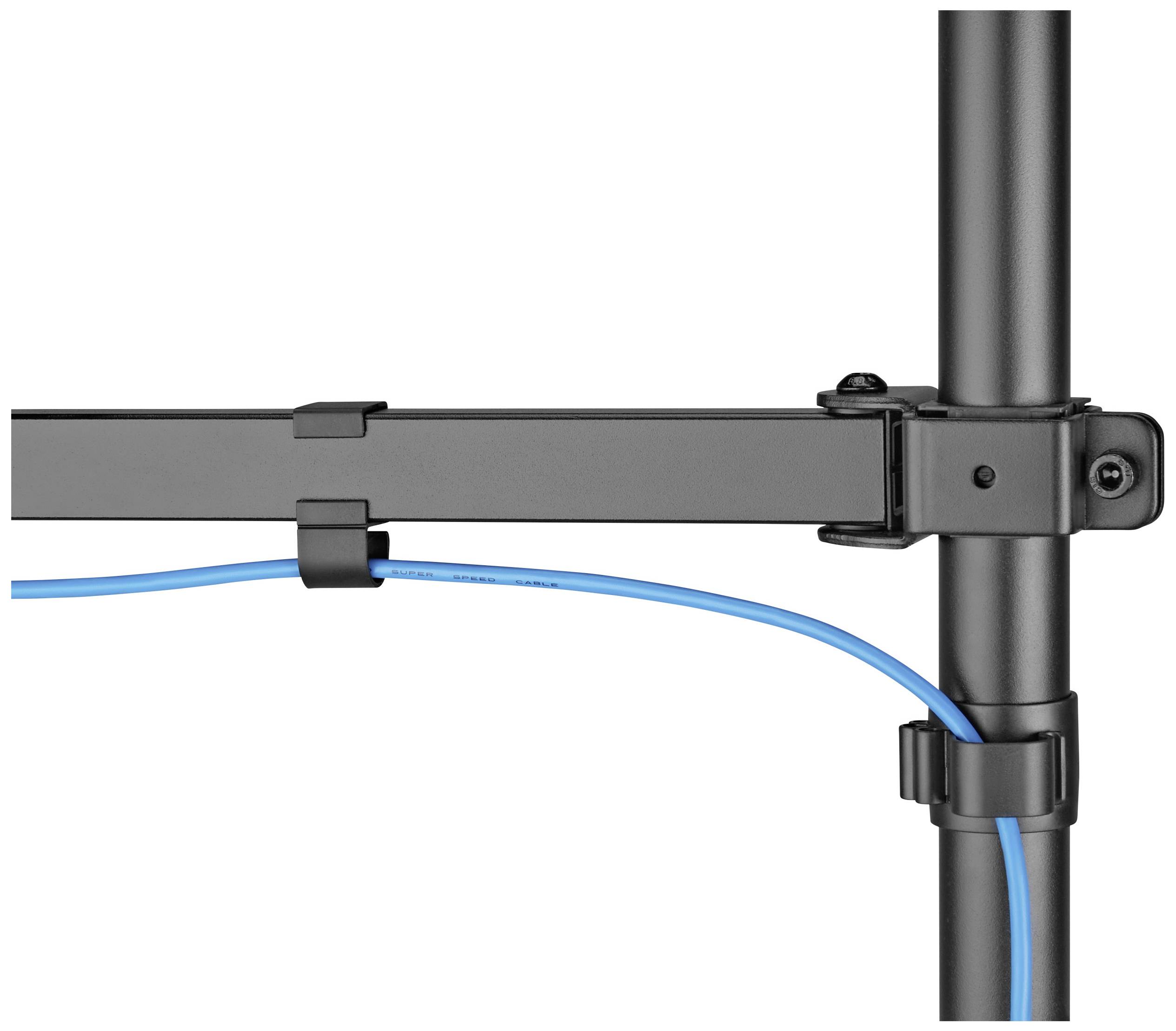 Ein schwarzer Kabel-Organizer hält ein blaues Kabel an einem Metallgestell befestigt.