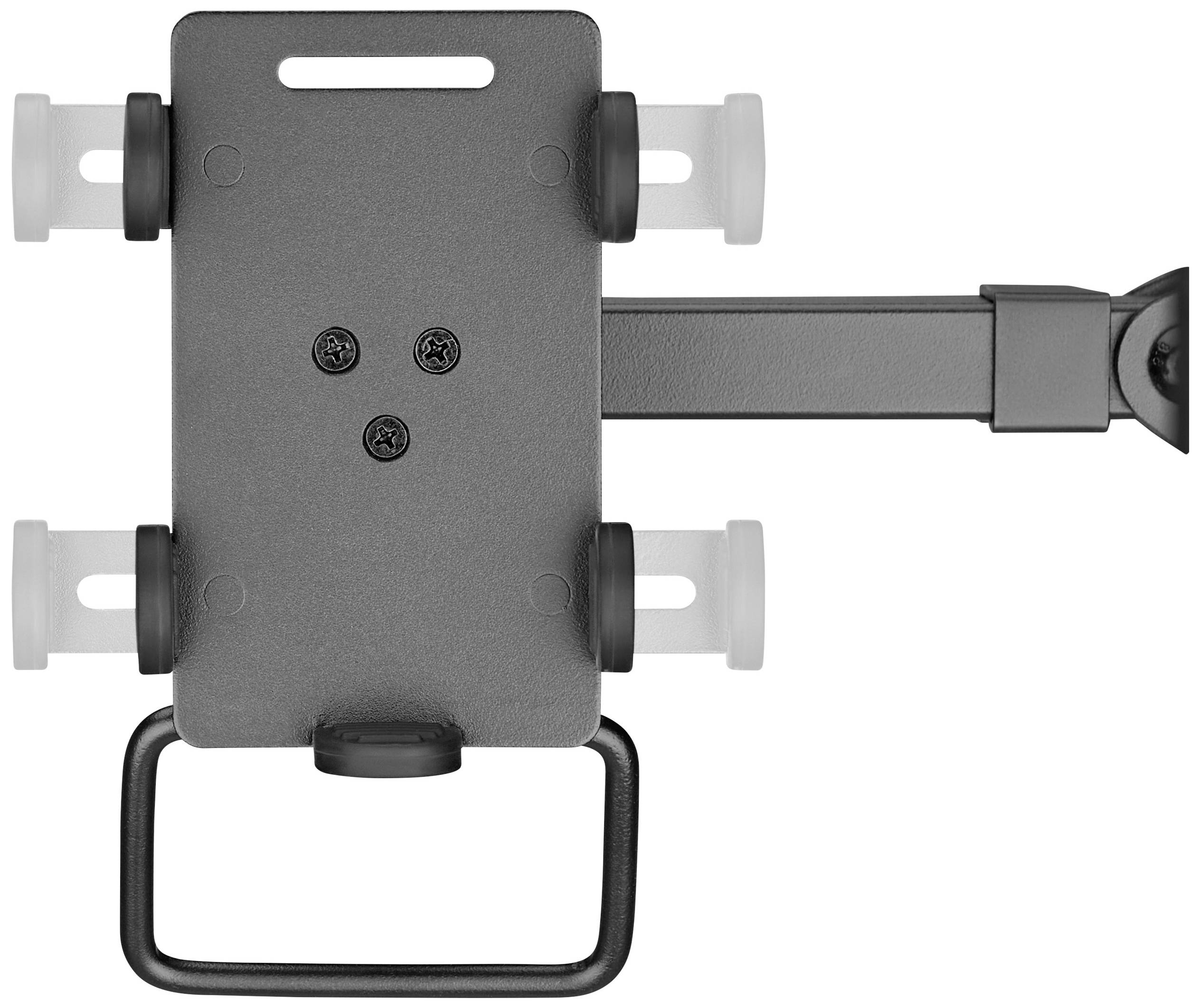 Metallhalterung mit beweglichem Arm und mehreren Schraubenlöchern. Geeignet zur Wandmontage von Geräten.