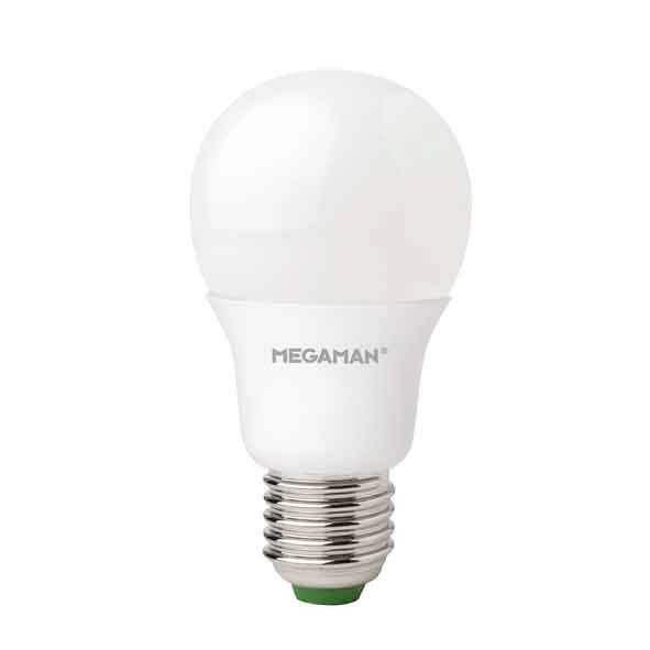 Weiße LED-Glühbirne mit E27-Sockel und „MEGAMAN“ Logo.
