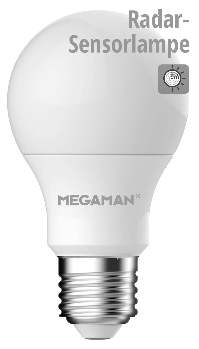 Weiße Glühbirne mit der Aufschrift 'Megaman'. Oben steht 'Radar-Sensorlampe' neben einem kleinen Bild eines Sensors.