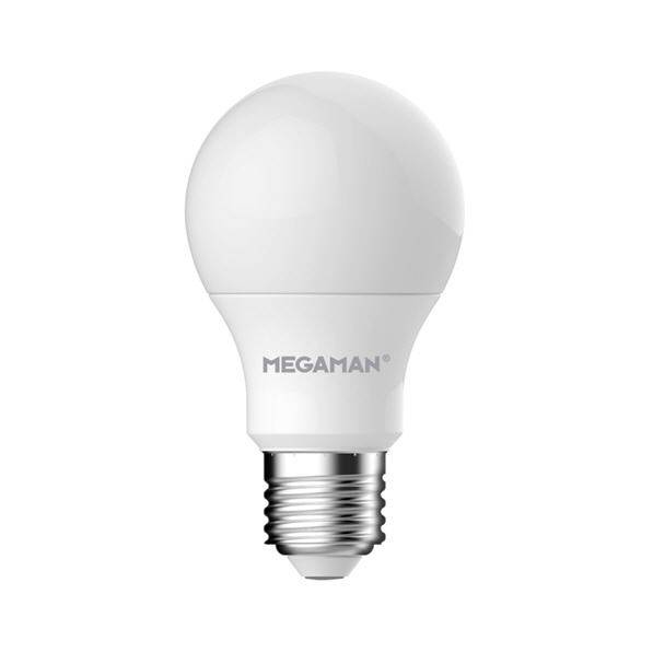 Eine weiße LED-Glühbirne mit der Aufschrift 'MEGAMAN', geeignet für E27-Fassungen. Energiesparend und vielseitig einsetzbar.