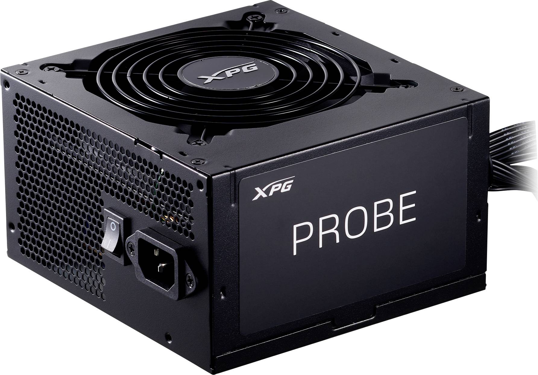 Ein schwarzes Computer-Netzteil der Marke XPG mit Lüfter und der Aufschrift 'PROBE' auf der Seite.