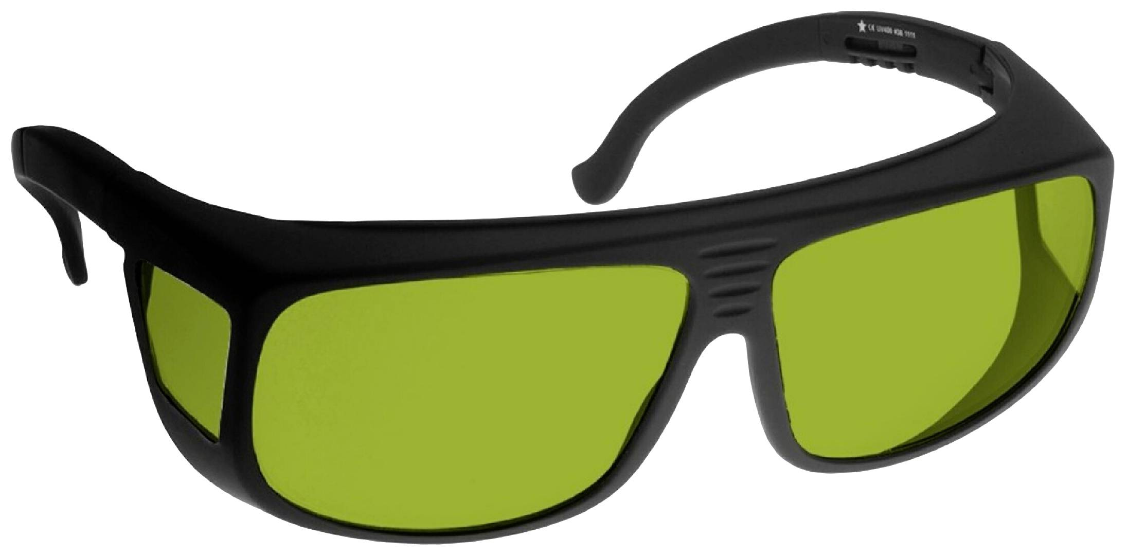 Schwarze Schutzbrille mit gelb-grünen Gläsern, die UV-Strahlen blockiert und in Laboren oder im Freien verwendet wird.