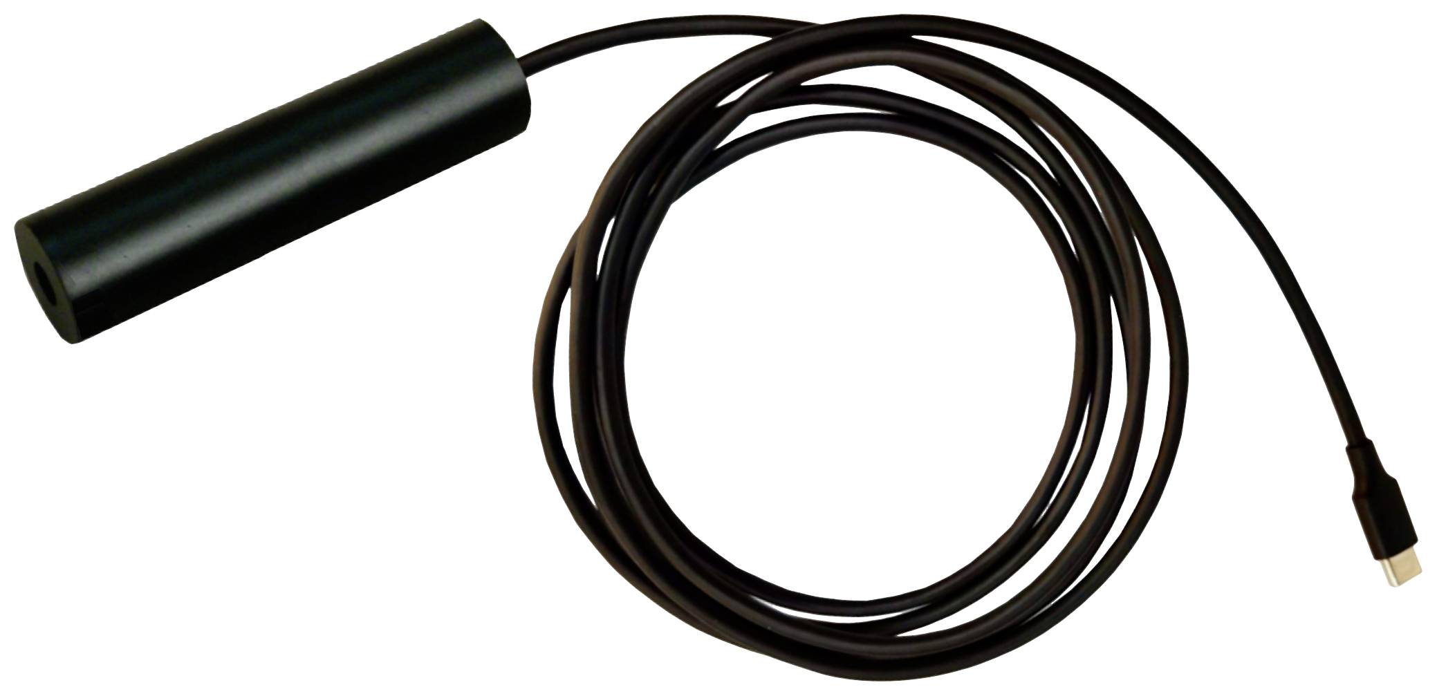 Ein schwarzes, zylindrisches Mikrofon mit langem Kabel und USB-Anschluss, geeignet für Audioaufnahmen oder Videokonferenzen.