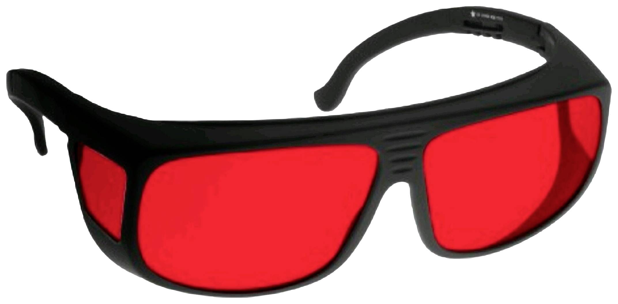 Schwarze Brille mit roten Gläsern und breiten Rahmen. Optisches Hilfsmittel, möglicherweise für Farbkorrektur oder Schutz gedacht.