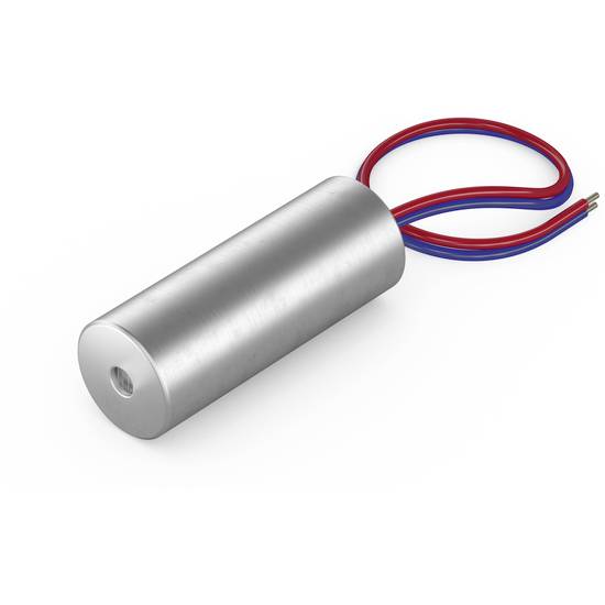 Ein zylindrischer Metallgegenstand mit roten und blauen Kabeln, möglicherweise ein kleiner Elektromotor oder Sensor.
